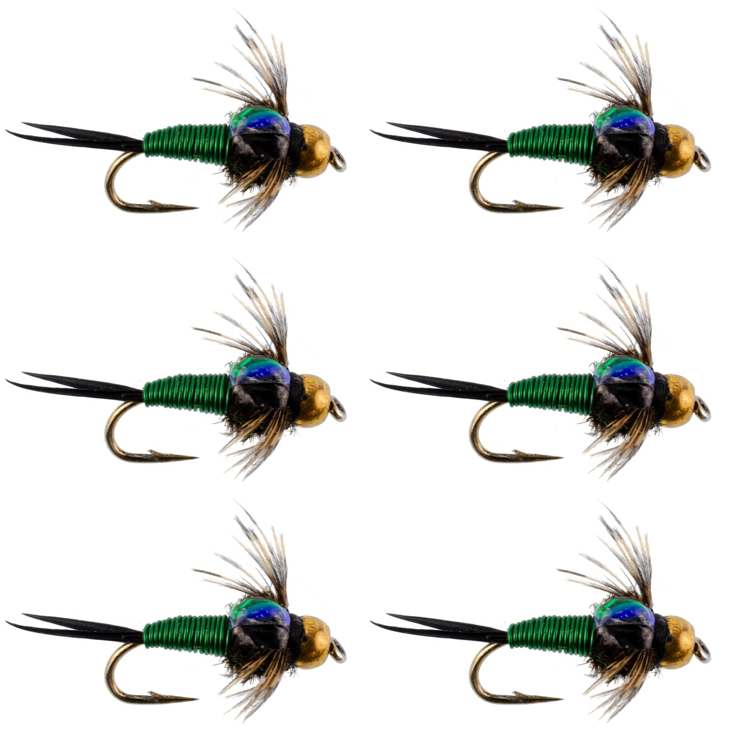 Premium Green Copper John Nymph Flies - 6 Pack, Size 14 - Korvel