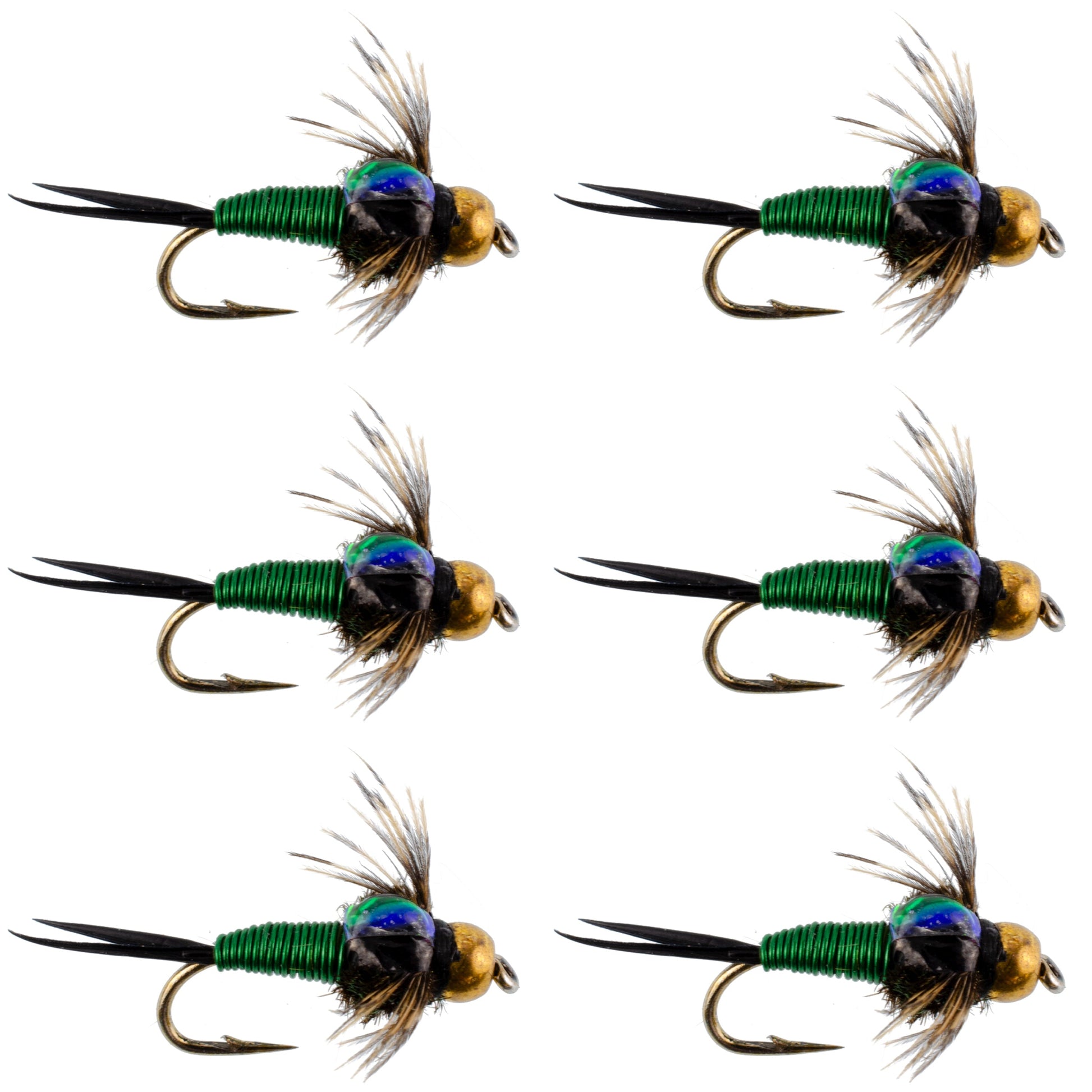 Premium Green Copper John Nymph Flies - 6 Pack, Size 14 - Korvel