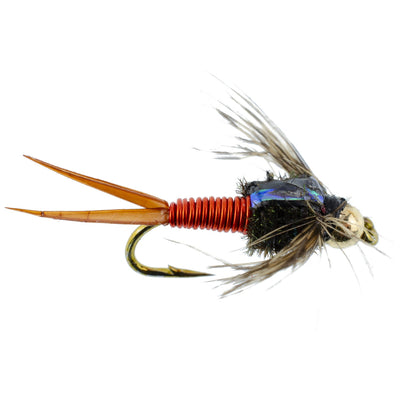 Copper John Nymph - Hot Orange Bead Head Flies - 12 Pack Size 10 - Korvel