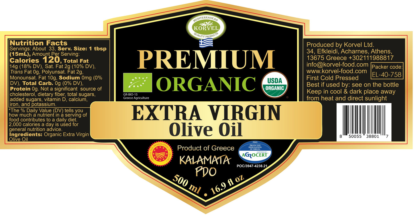 Aceite de oliva virgen extra griego KORVEL orgánico premium DOP Kalamata, ánfora negra 500 ml