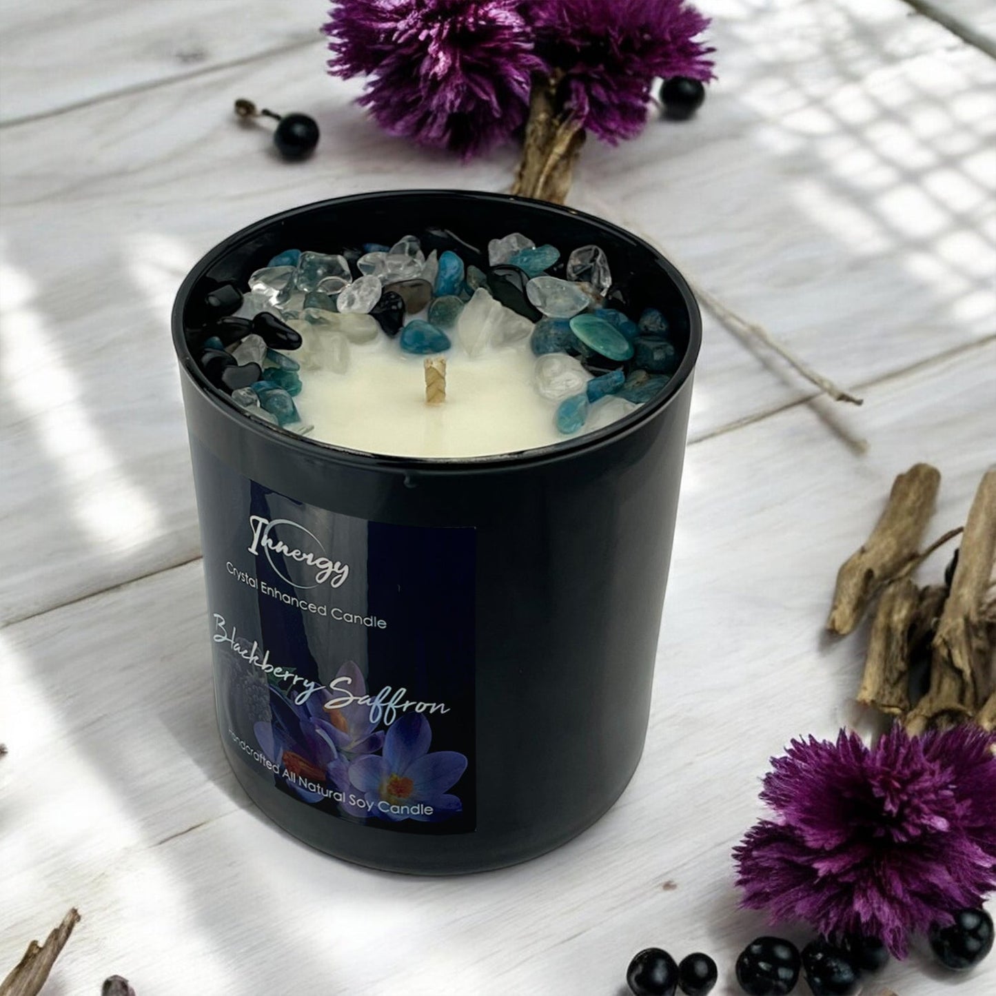 Enchanting Blackberry Saffron Crystal Candle with Obsidian, Blue Apatite, and Quartz | Luxurious Coconut-Soy Blend, 9oz - Korvel