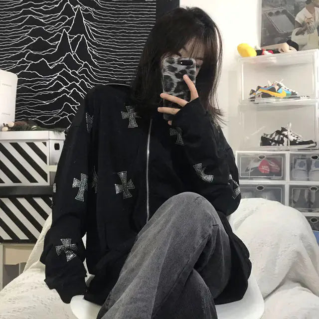 Skeleton Rhinestone Full Zip Hoodie for Women