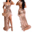 Vestido de Lentejuelas Sirena para Mujer con Escote en V y Abertura Lateral - XL Beige