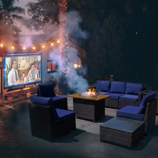 Conjunto de Sofá de Rattan Premium con Mesa de Fuego