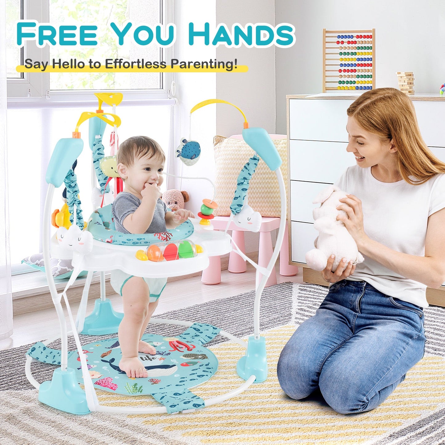 Height Adjustable Baby Activity Center with Interactive Toys - Light Blue