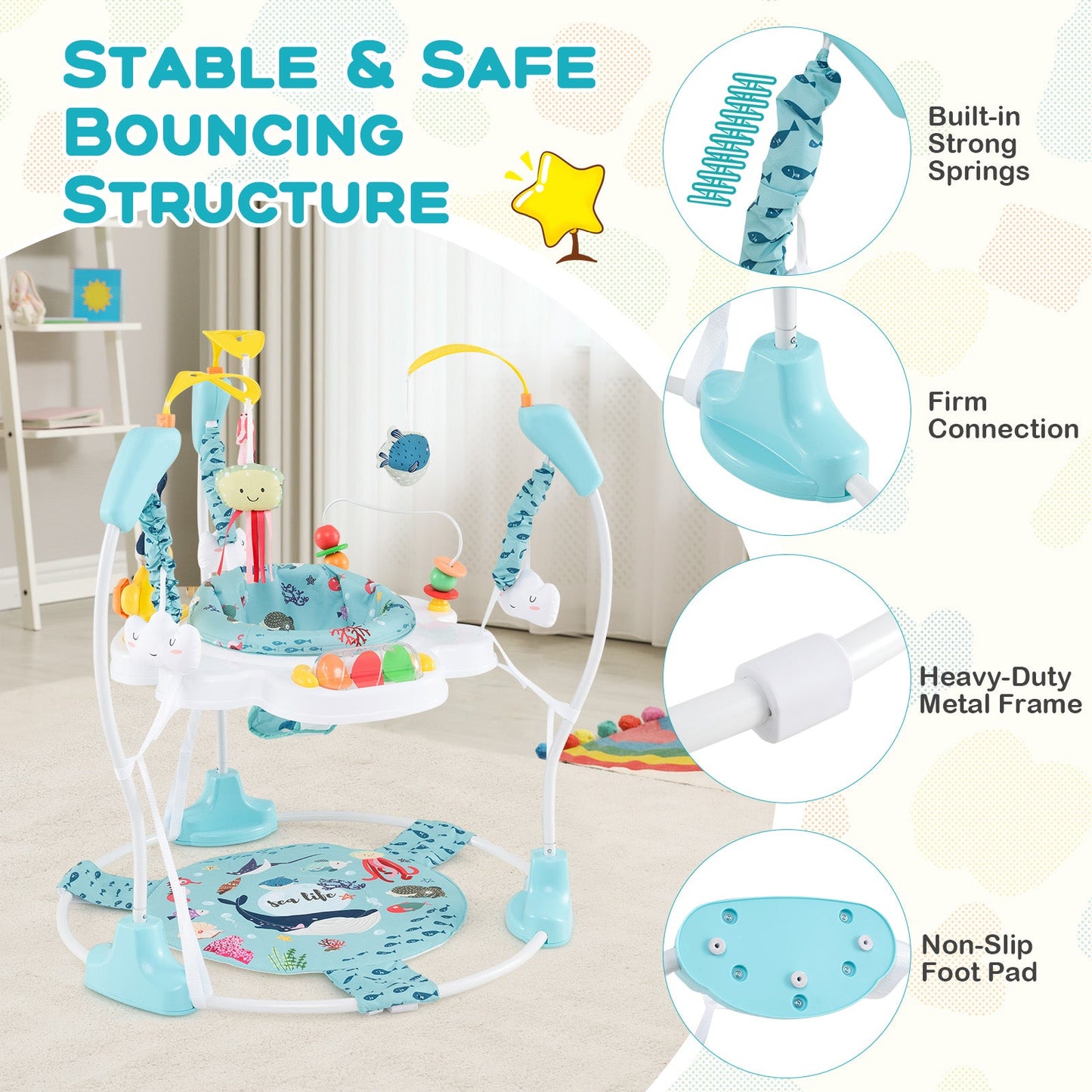 Height Adjustable Baby Activity Center with Interactive Toys - Light Blue