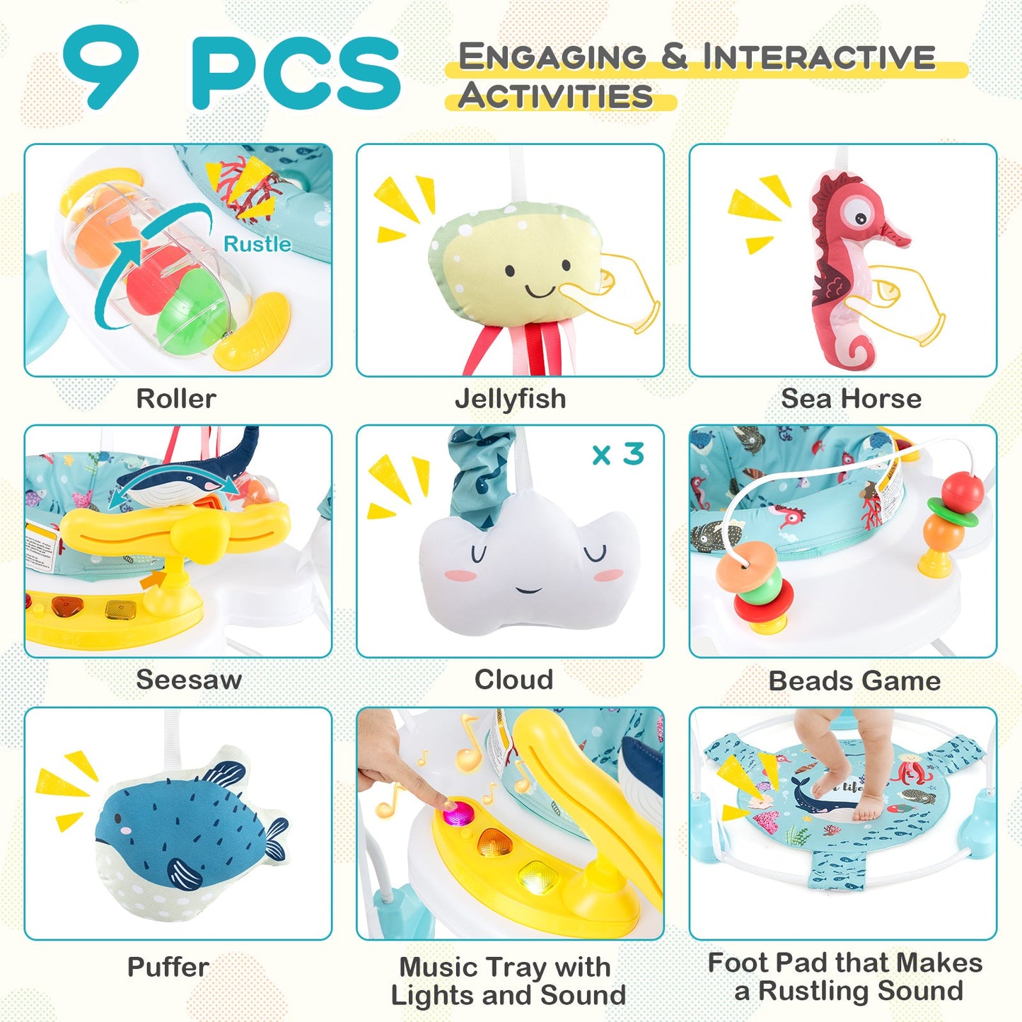 Height Adjustable Baby Activity Center with Interactive Toys - Light Blue
