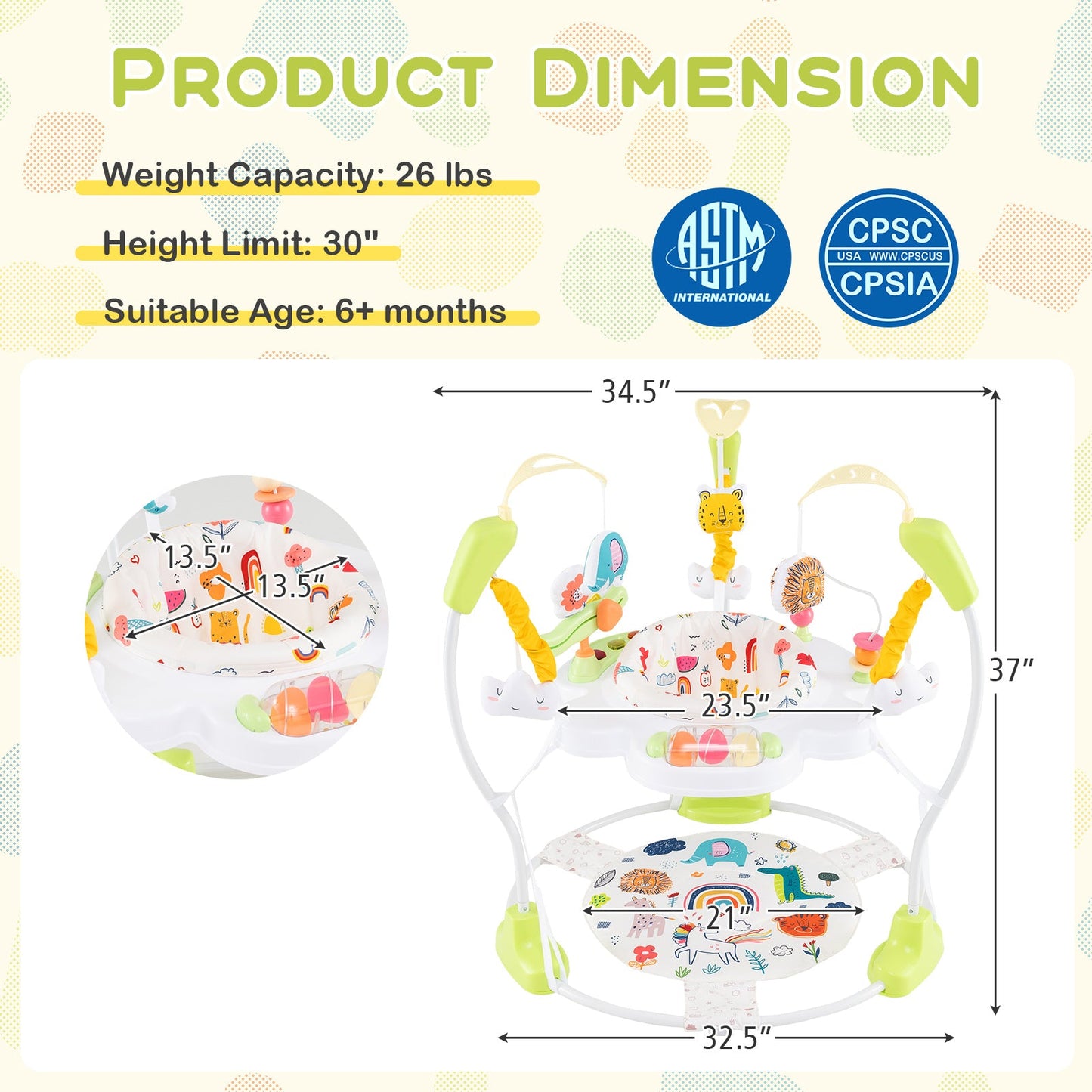 Adjustable Baby Bouncing Saucer with Interactive Toys - Yellow