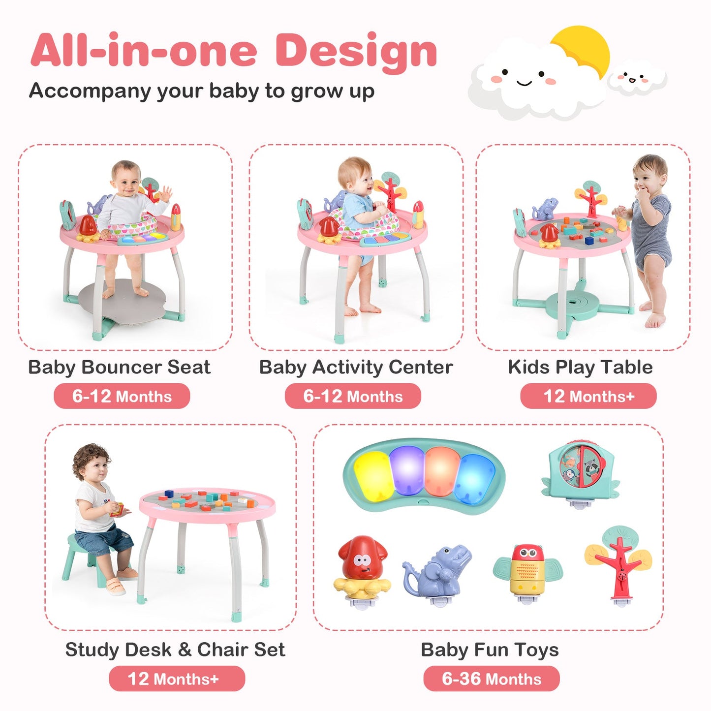 Centro de Actividades para Bebés 5 en 1 con Asiento de Rebote Interactivo - Rosa