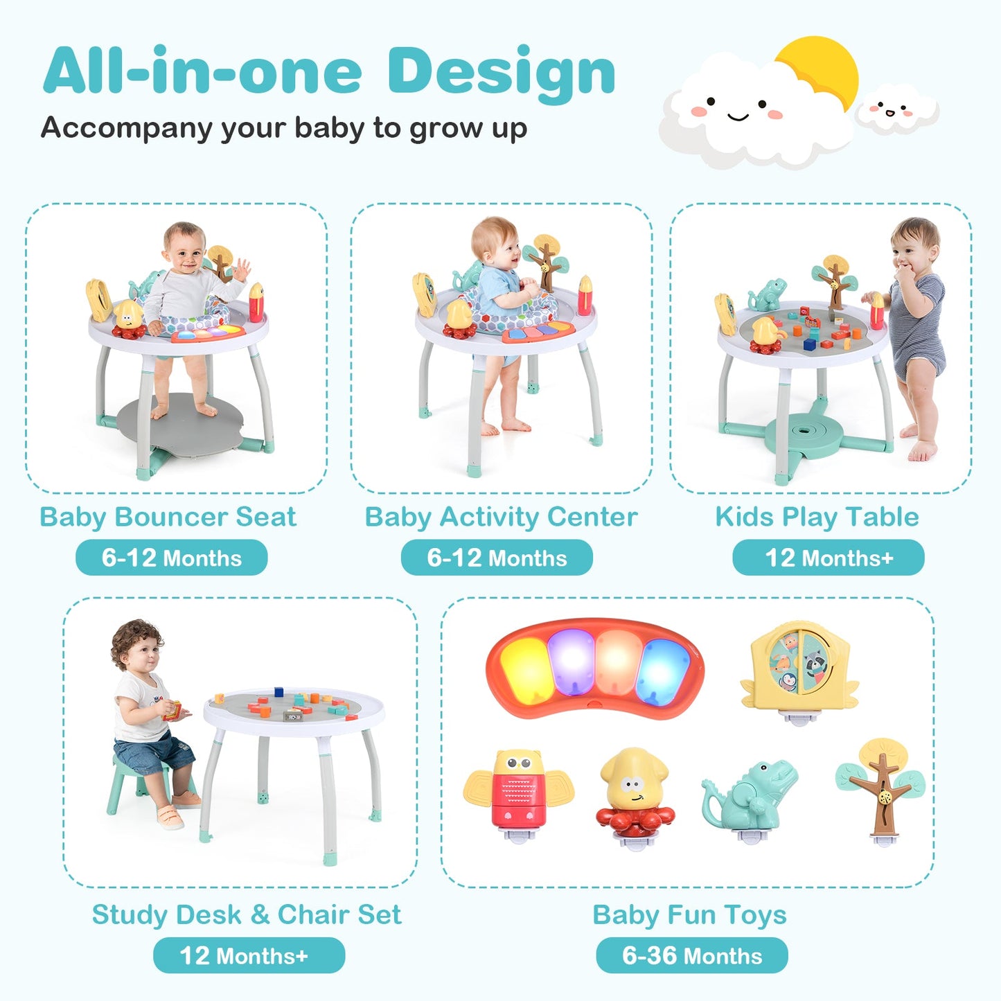 Centre d'activités pour bébé 5-en-1 avec siège à rebond interactif - Blanc