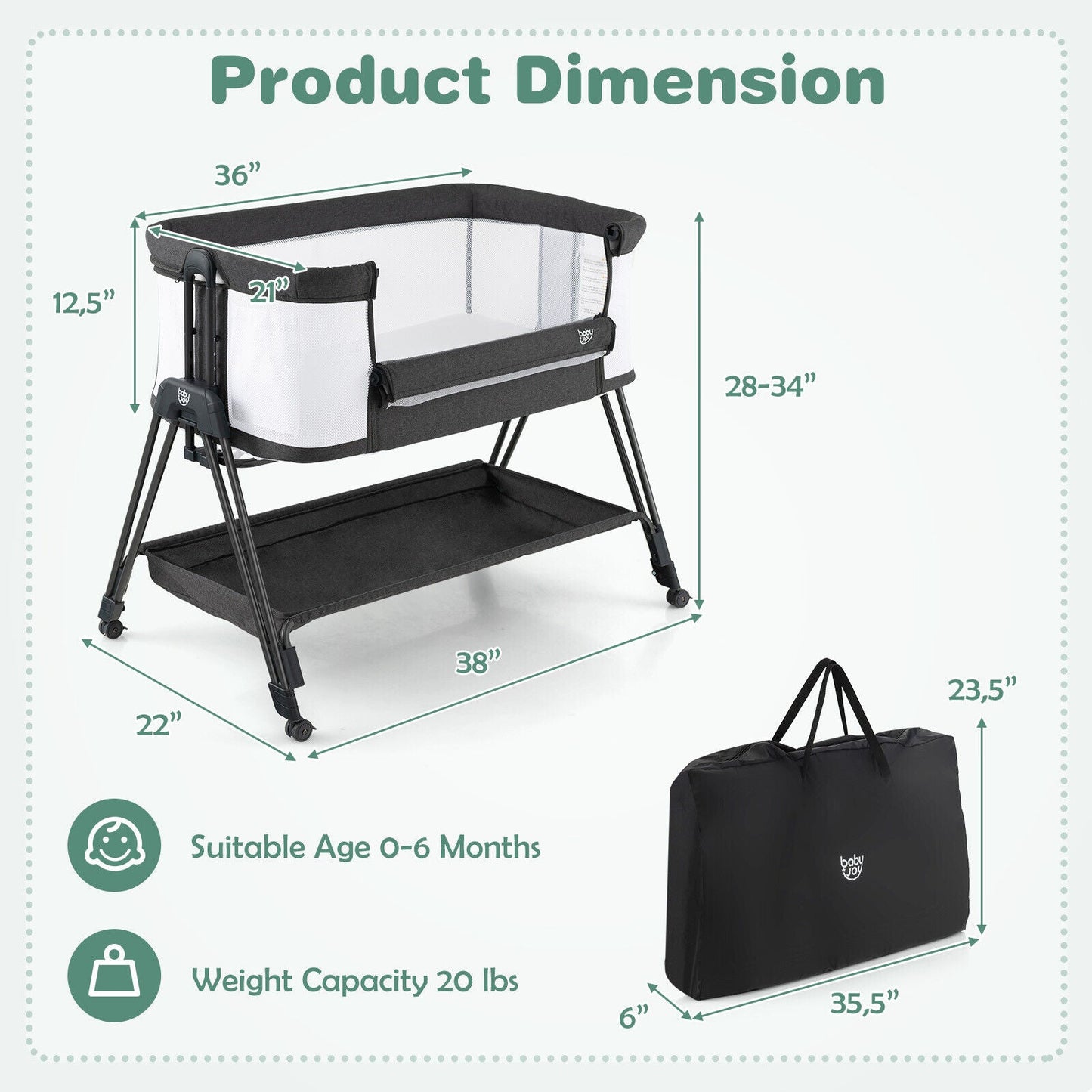 Gbruno Portable Bedside Sleeper with 7 Adjustable Heights - Black