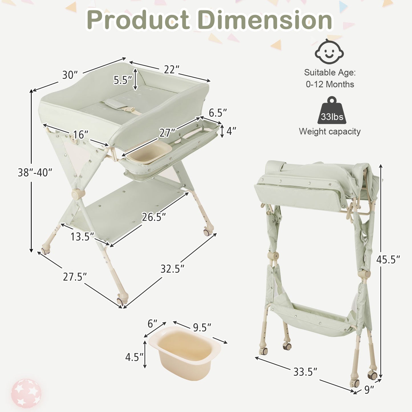 Mesa de Cambio de Pañales para Bebés Premium con Lavabo y Ruedas - Verde
