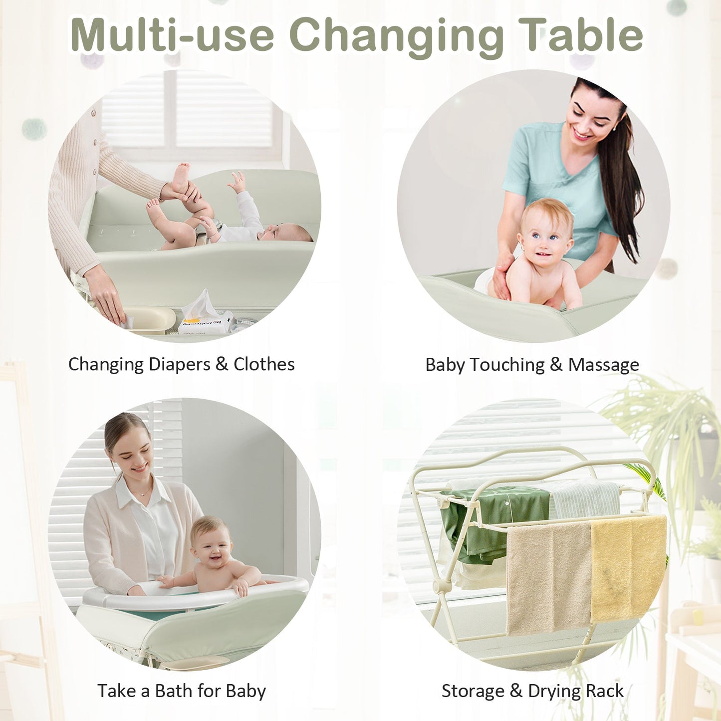 Mesa de Cambio de Pañales para Bebés Premium con Lavabo y Ruedas - Verde