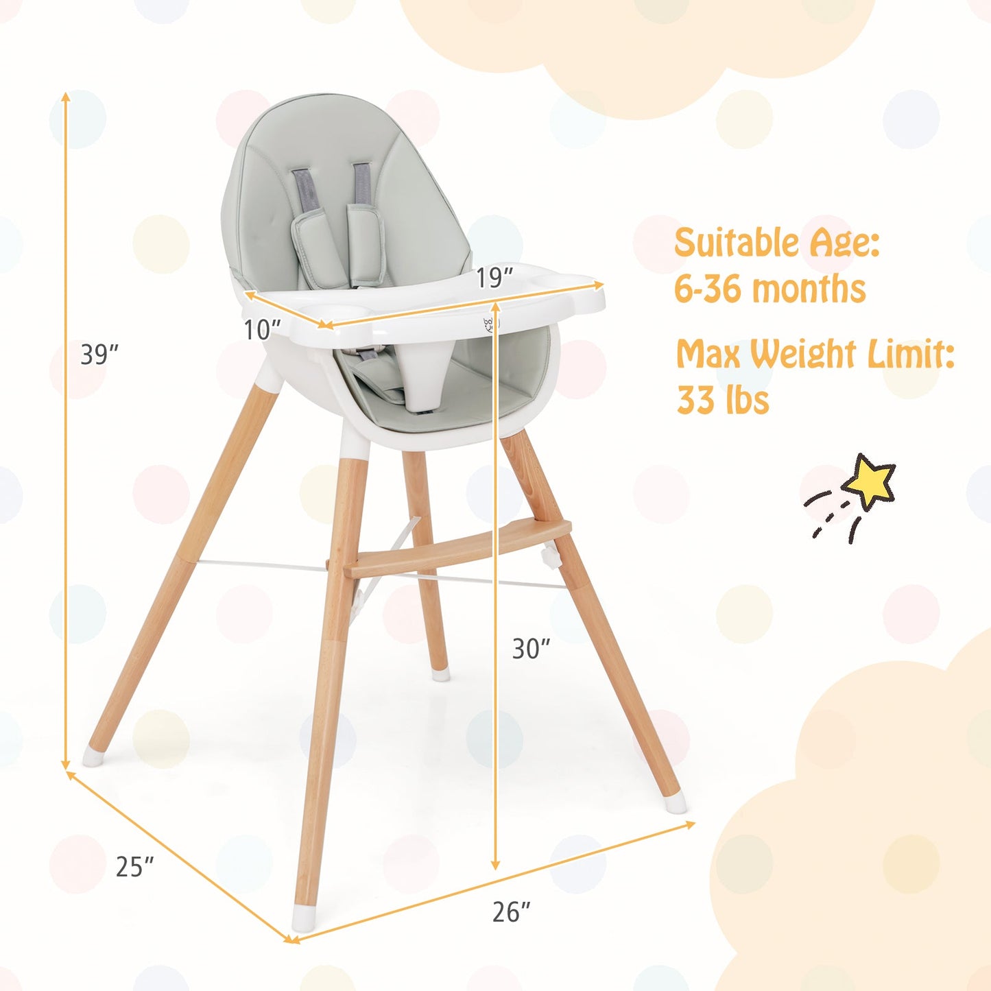 Chaise Haute pour Bébé Premium avec Plateau Lavable au Lave-Vaisselle - Gris