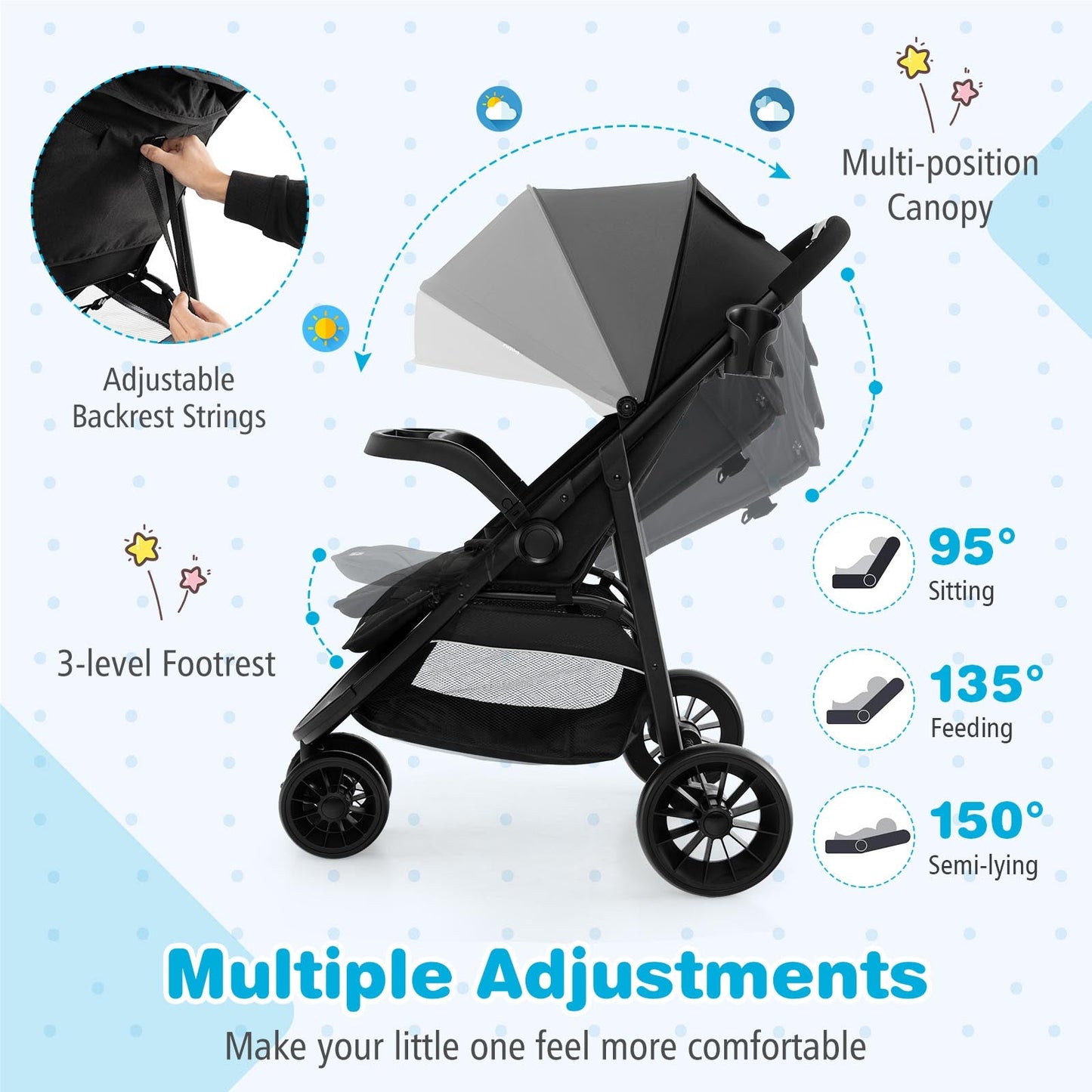Premium Baby Jogging Stroller with Adjustable Canopy - Black