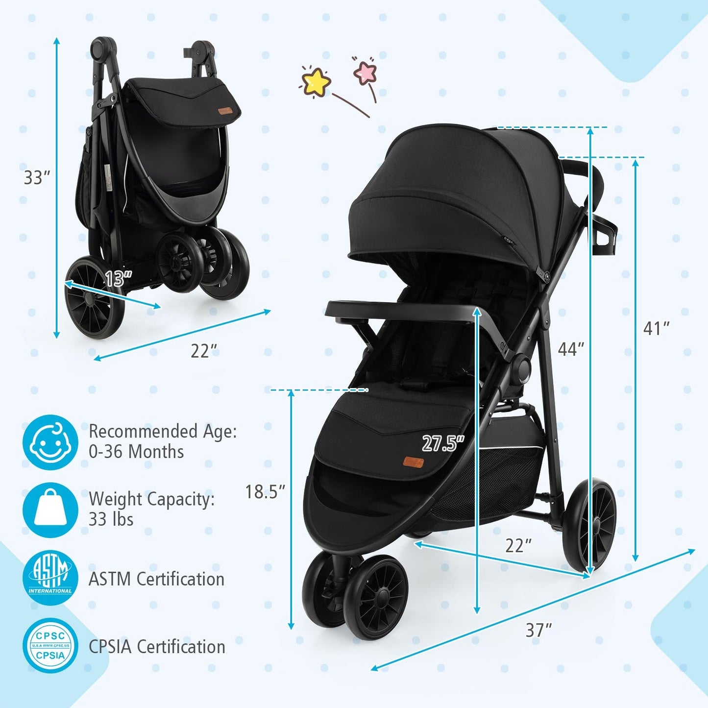 Premium Baby Jogging Stroller with Adjustable Canopy - Black