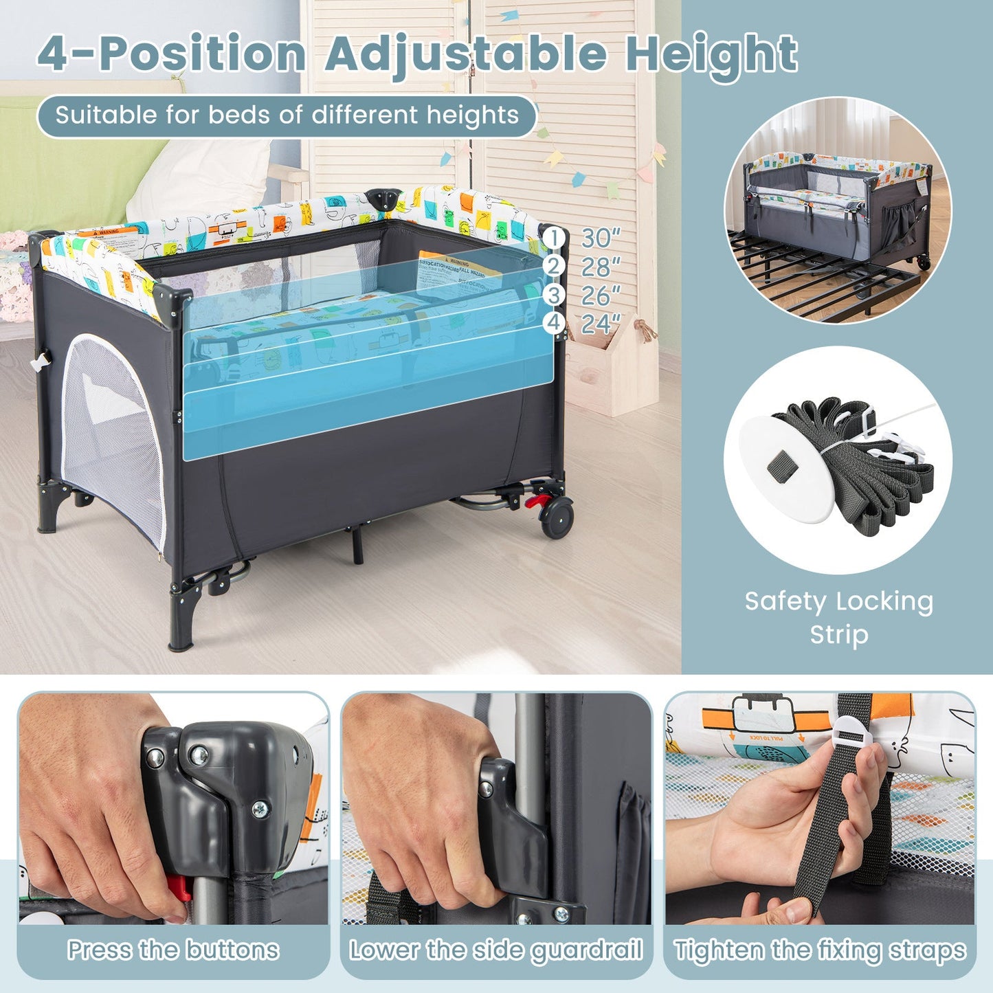 5-in-1 Baby Nursery Center Foldable Bedside Crib - Gray