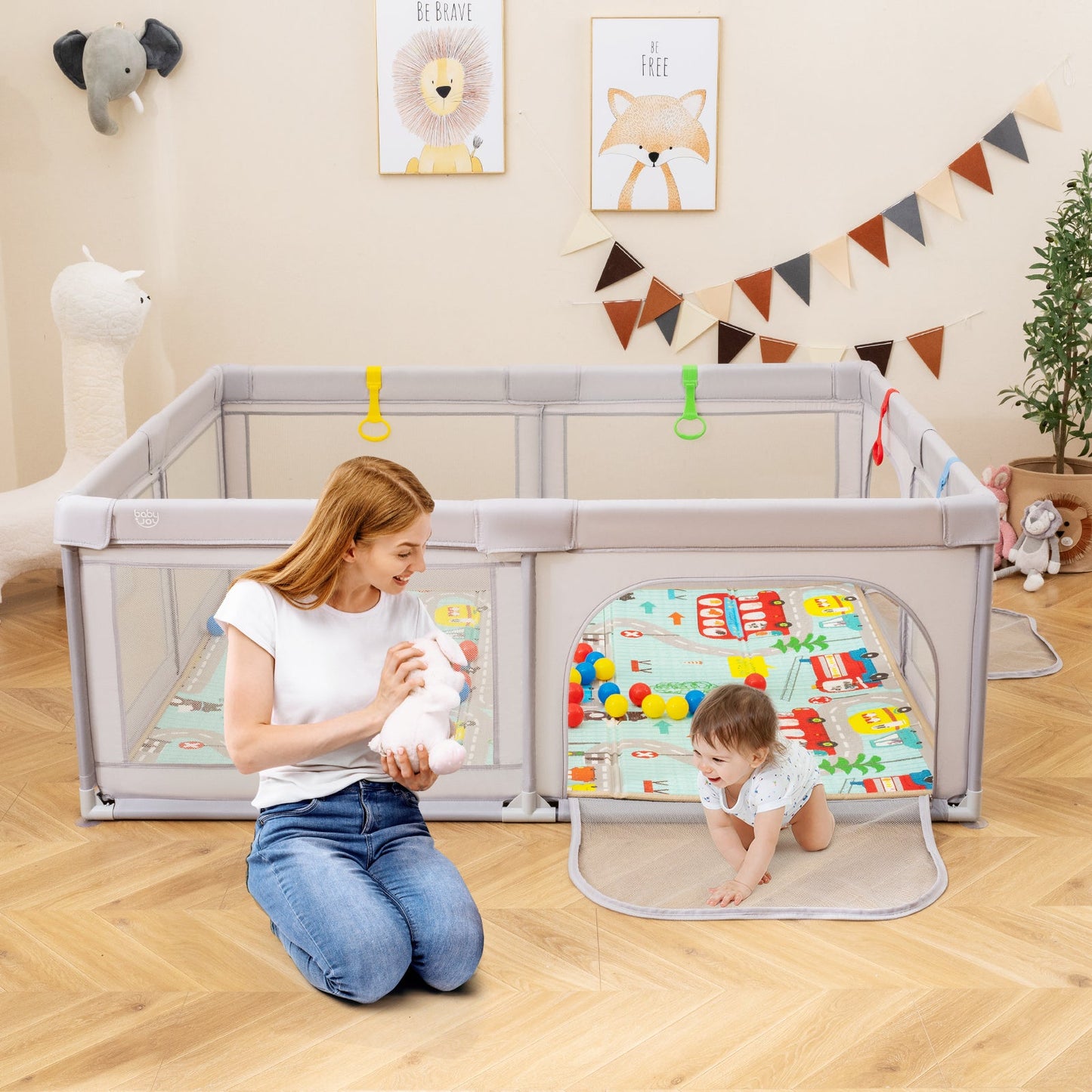 Gbruno Baby Playpen with Mat and Breathable Mesh - Gray