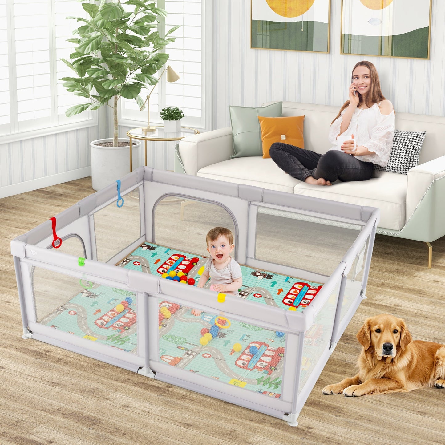 Gbruno Baby Playpen with Mat and Breathable Mesh - Gray