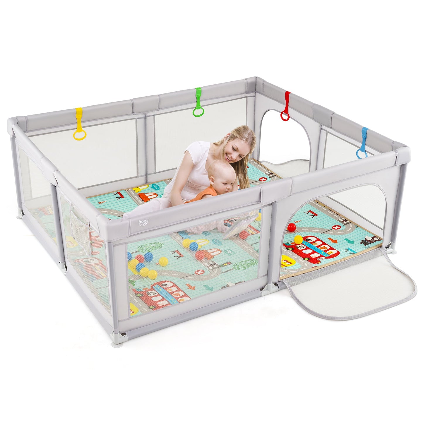 Gbruno Baby Playpen with Mat and Breathable Mesh - Gray