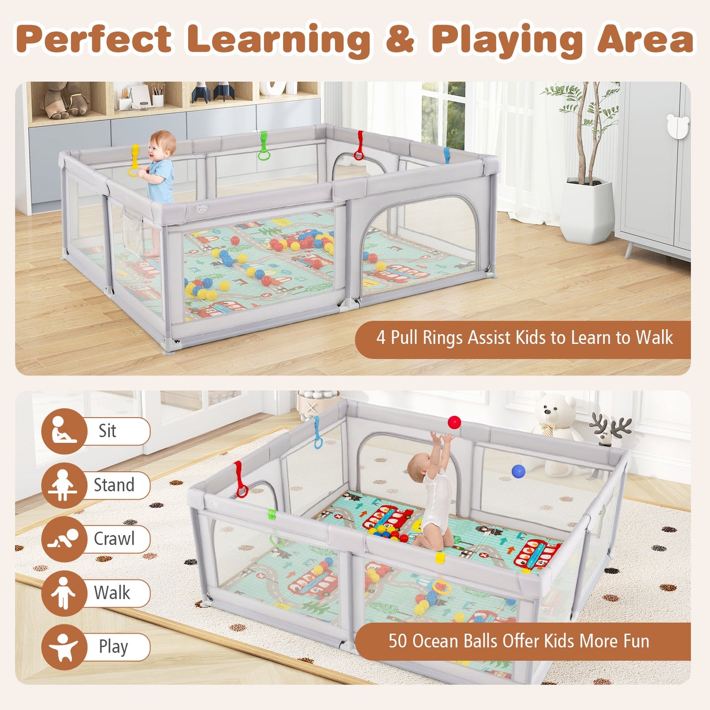 Gbruno Baby Playpen with Mat and Breathable Mesh - Gray