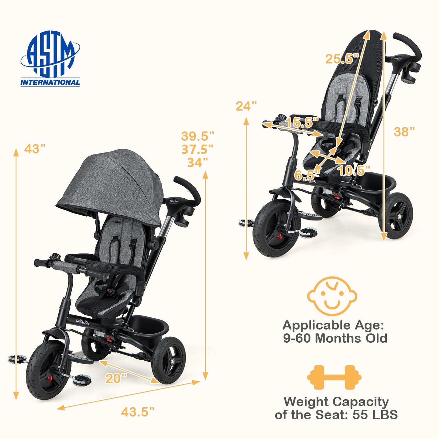 Triciclo para Bebés 4 en 1 con Asiento Reversible - Gris