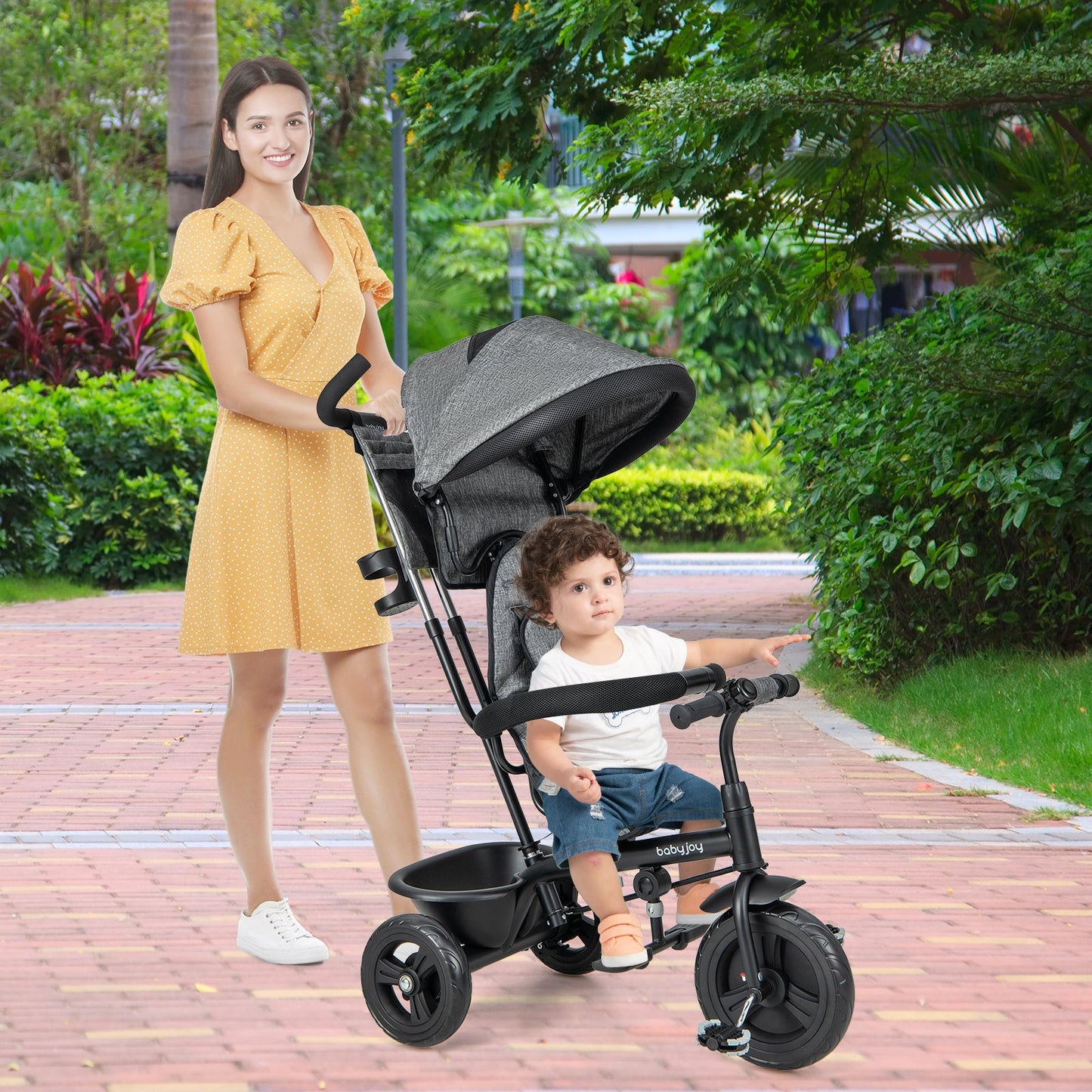 Triciclo 4 en 1 para Bebés con Capota Ajustable y Mango de Empuje - Gris