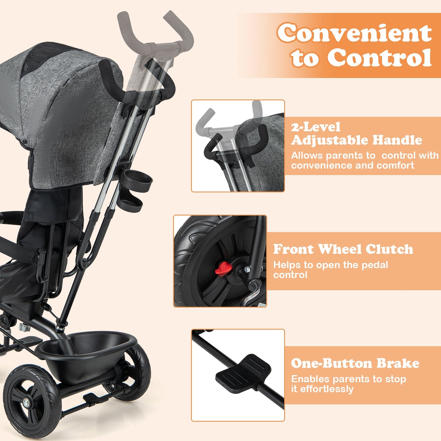 Triciclo 4 en 1 para Bebés con Capota Ajustable y Mango de Empuje - Gris