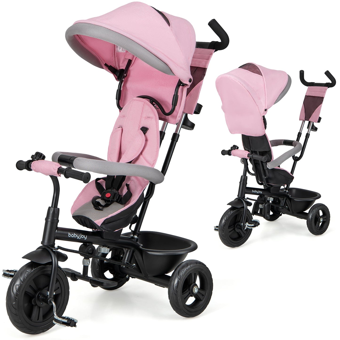 Triciclo 4 en 1 para Bebés con Capota y Manillar Ajustable - Rosa