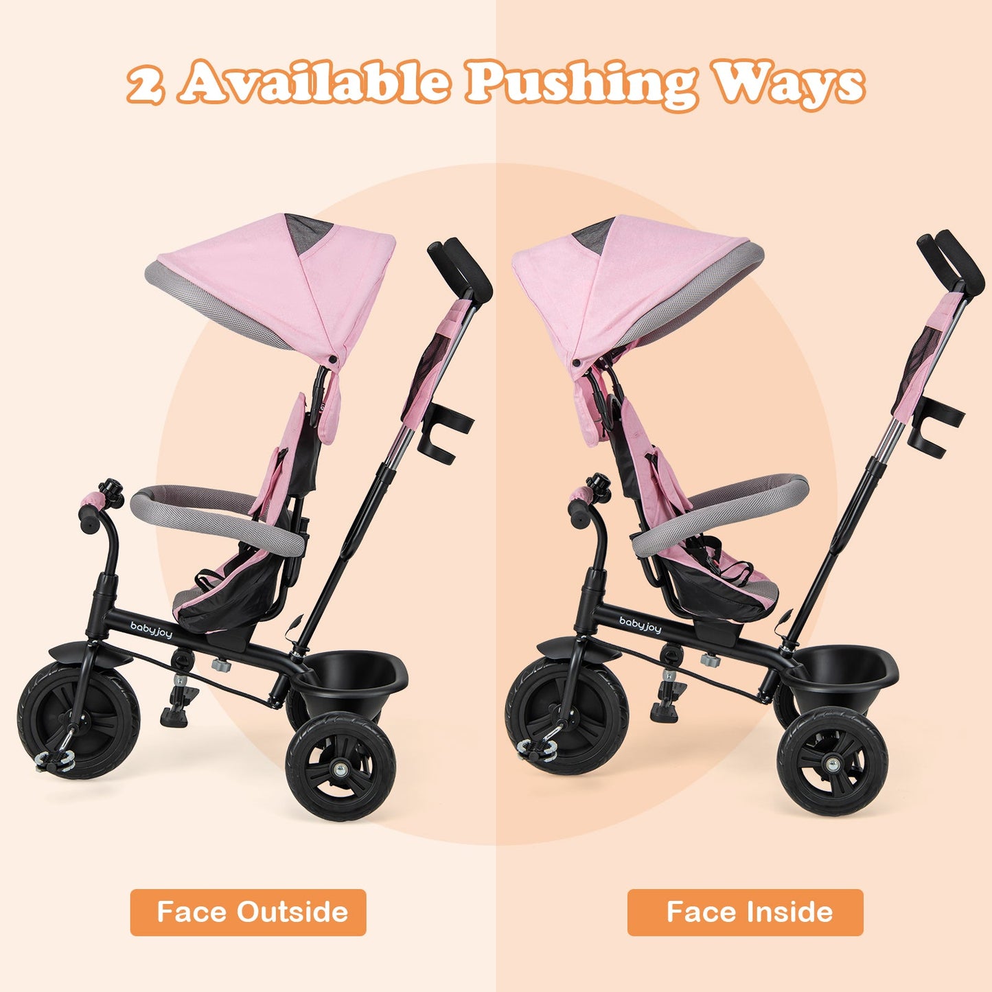 Triciclo 4 en 1 para Bebés con Capota y Manillar Ajustable - Rosa