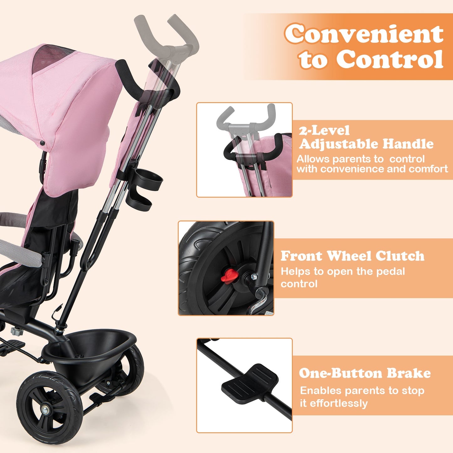 Triciclo 4 en 1 para Bebés con Capota y Manillar Ajustable - Rosa