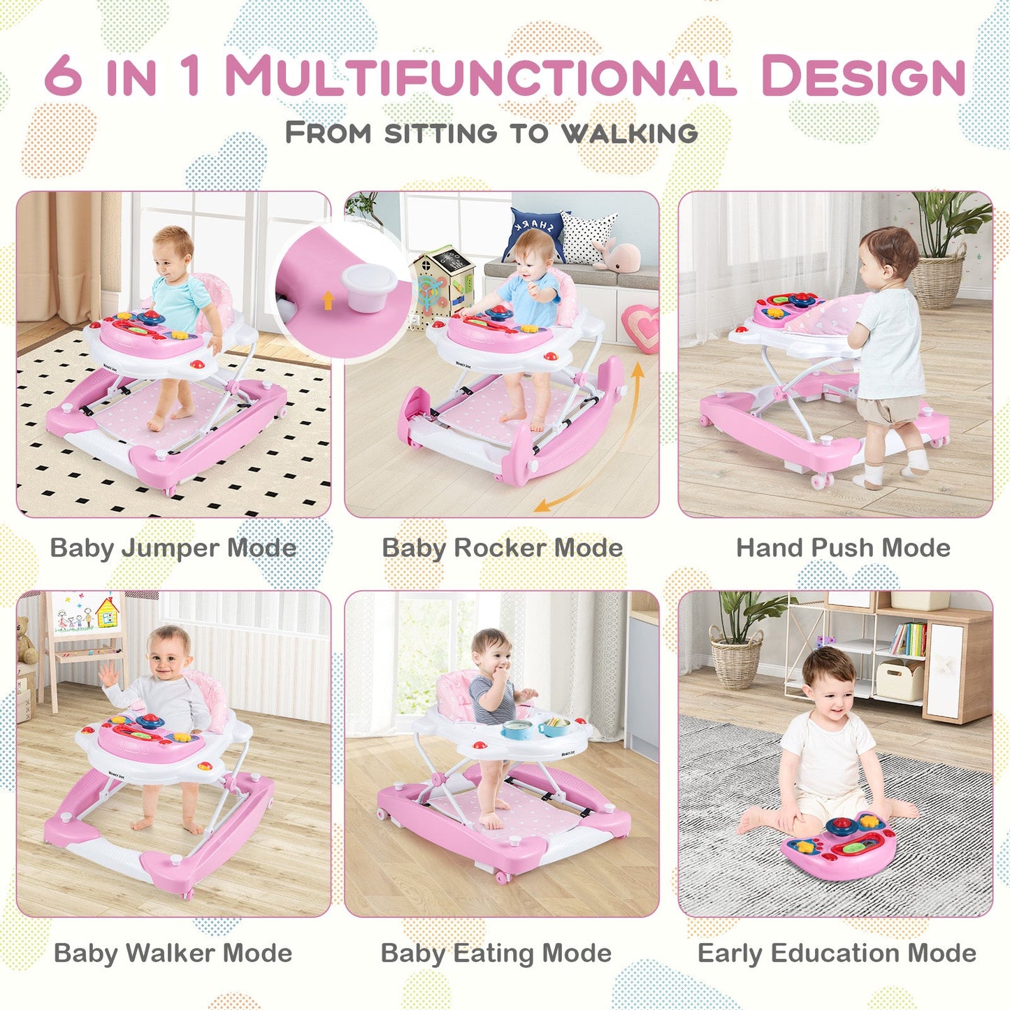 Andador para bebés plegable y ajustable en altura 6 en 1 - Rosa