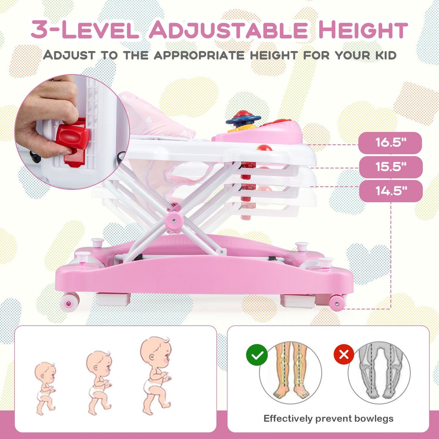 Andador para bebés plegable y ajustable en altura 6 en 1 - Rosa