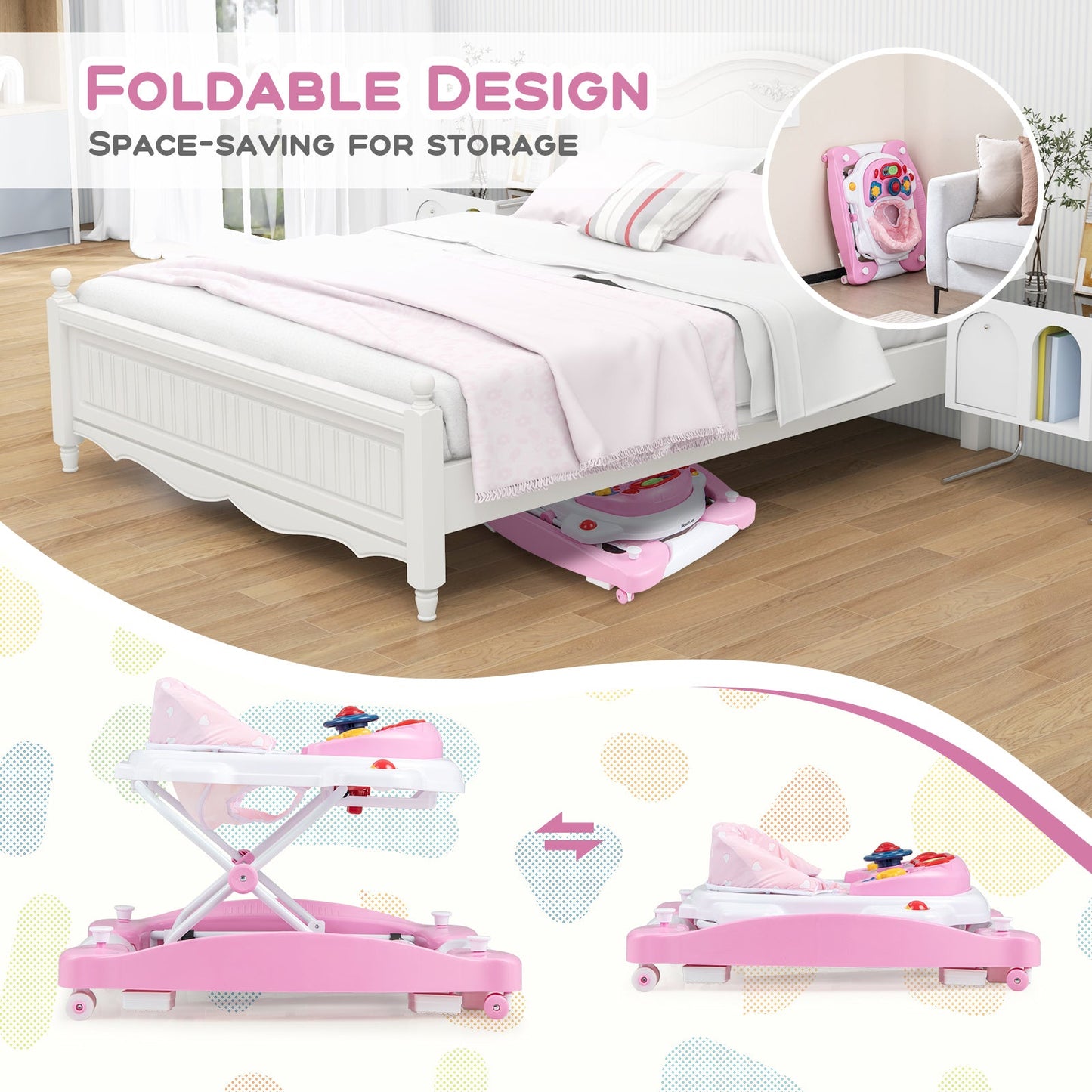 Andador para bebés plegable y ajustable en altura 6 en 1 - Rosa