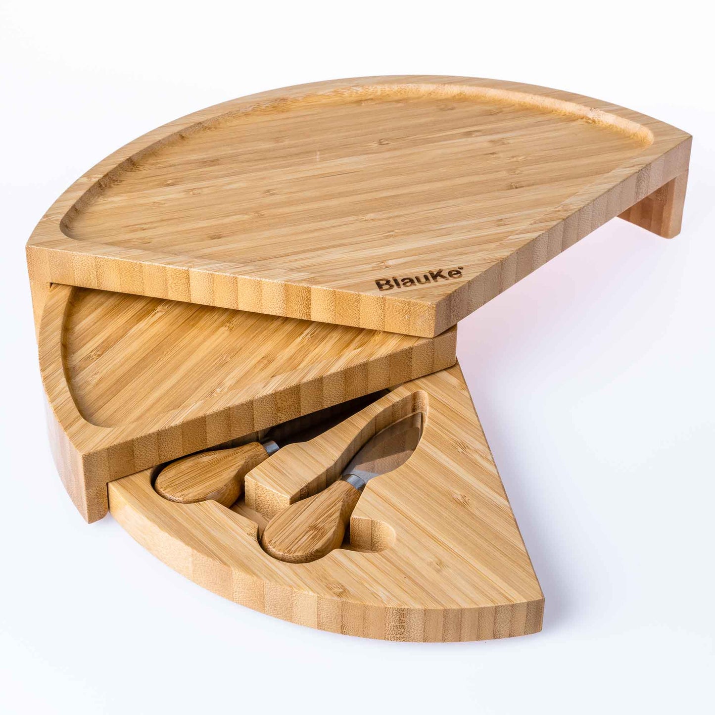 Round Bamboo Cheese Board & Knife Set – 14" Foldable Charcuterie Platter with Hidden Drawer - Korvel
