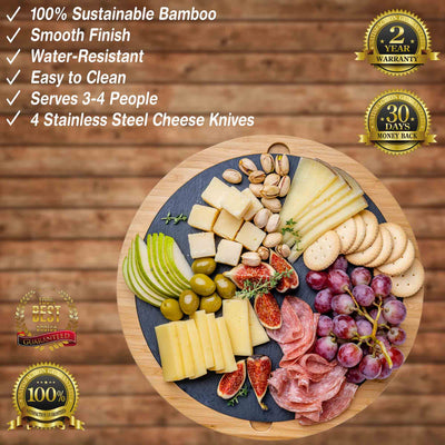 Round Bamboo Cheese Board & Knife Set – 12" Swivel Charcuterie Platter with Removable Slate - Korvel