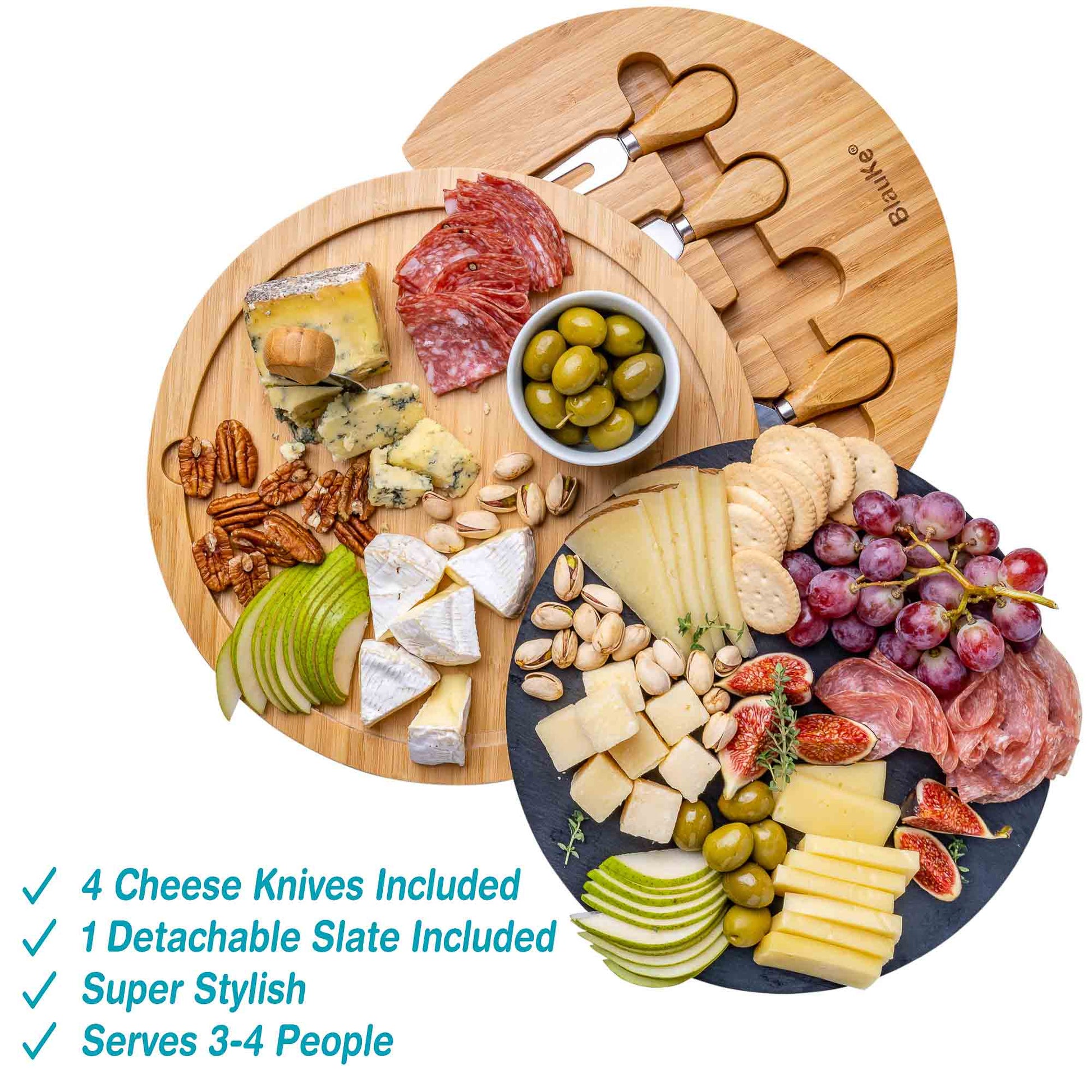 Round Bamboo Cheese Board & Knife Set – 12" Swivel Charcuterie Platter with Removable Slate - Korvel