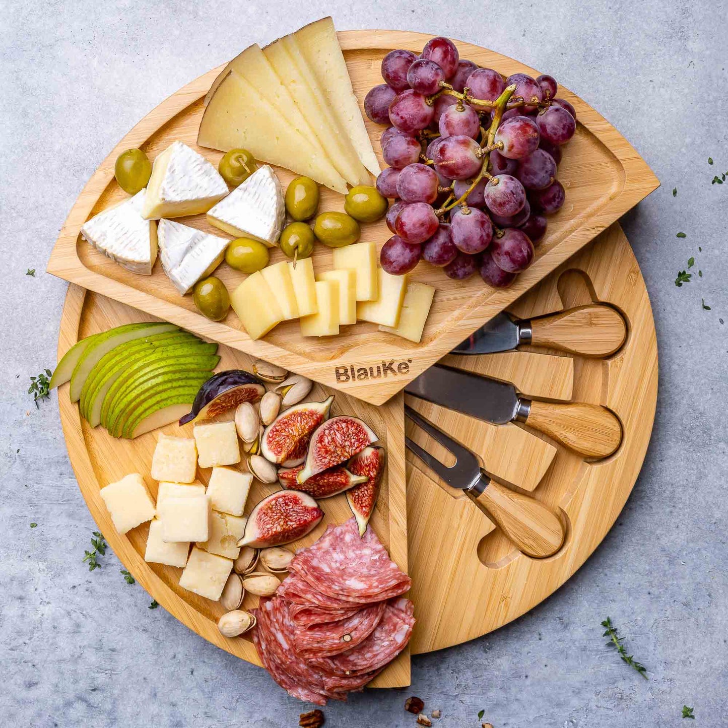 Round Bamboo Cheese Board & Knife Set – 14" Foldable Charcuterie Platter with Hidden Drawer - Korvel