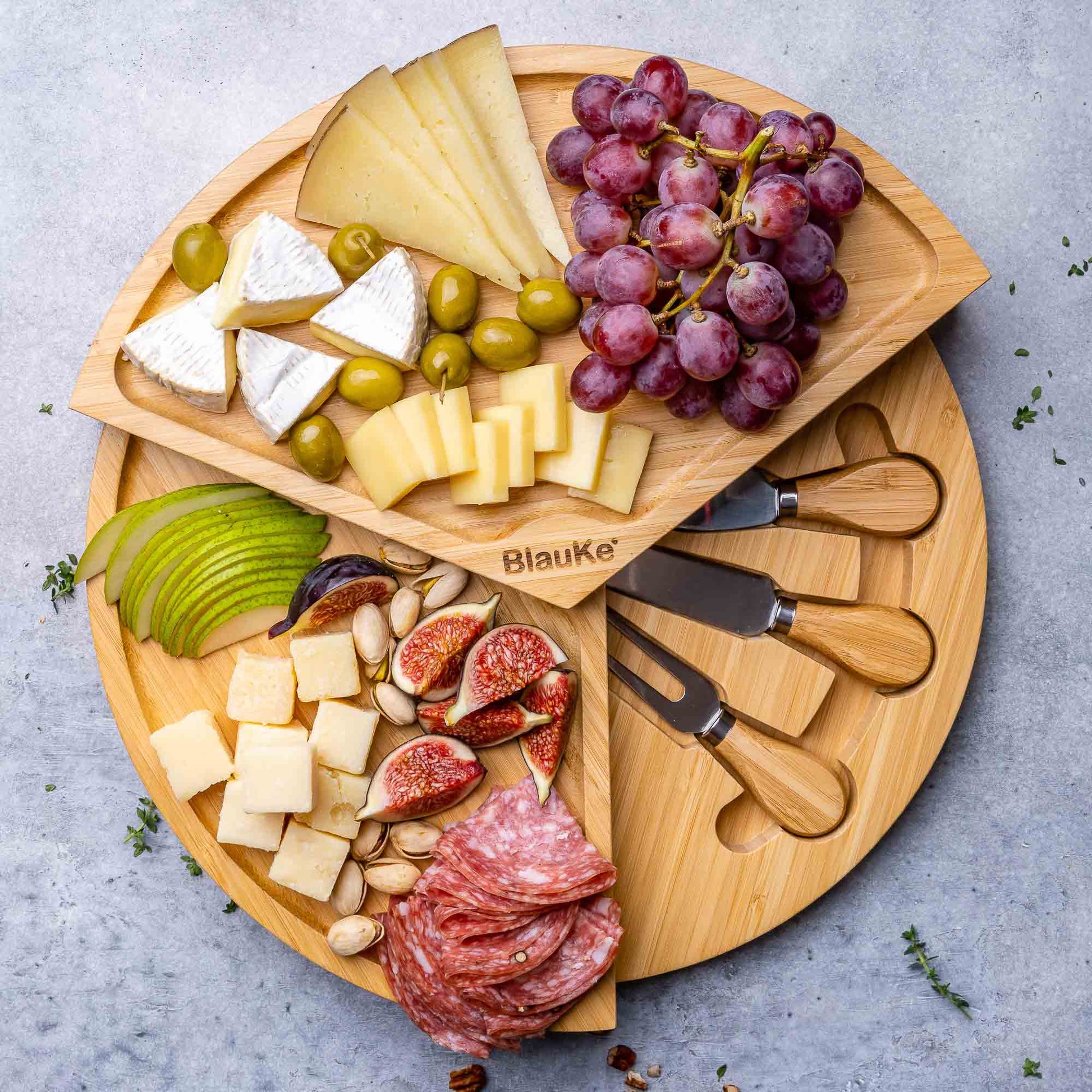 Round Bamboo Cheese Board & Knife Set – 14" Foldable Charcuterie Platter with Hidden Drawer - Korvel