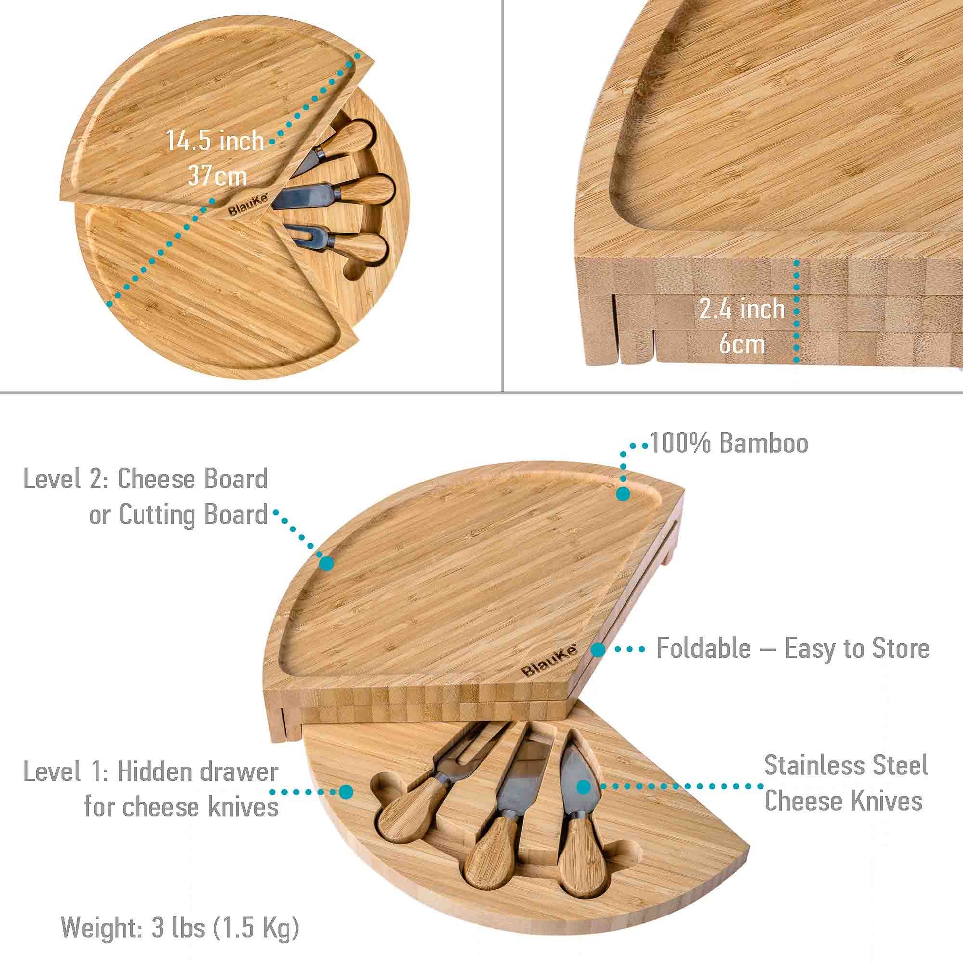 Round Bamboo Cheese Board & Knife Set – 14" Foldable Charcuterie Platter with Hidden Drawer - Korvel