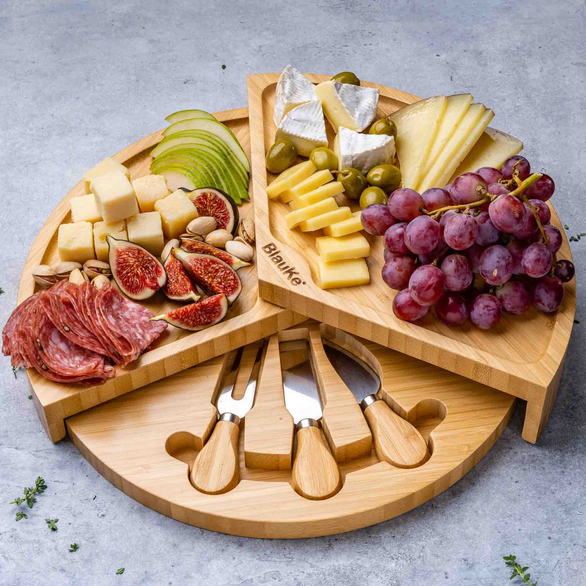 Round Bamboo Cheese Board & Knife Set – 14" Foldable Charcuterie Platter with Hidden Drawer - Korvel
