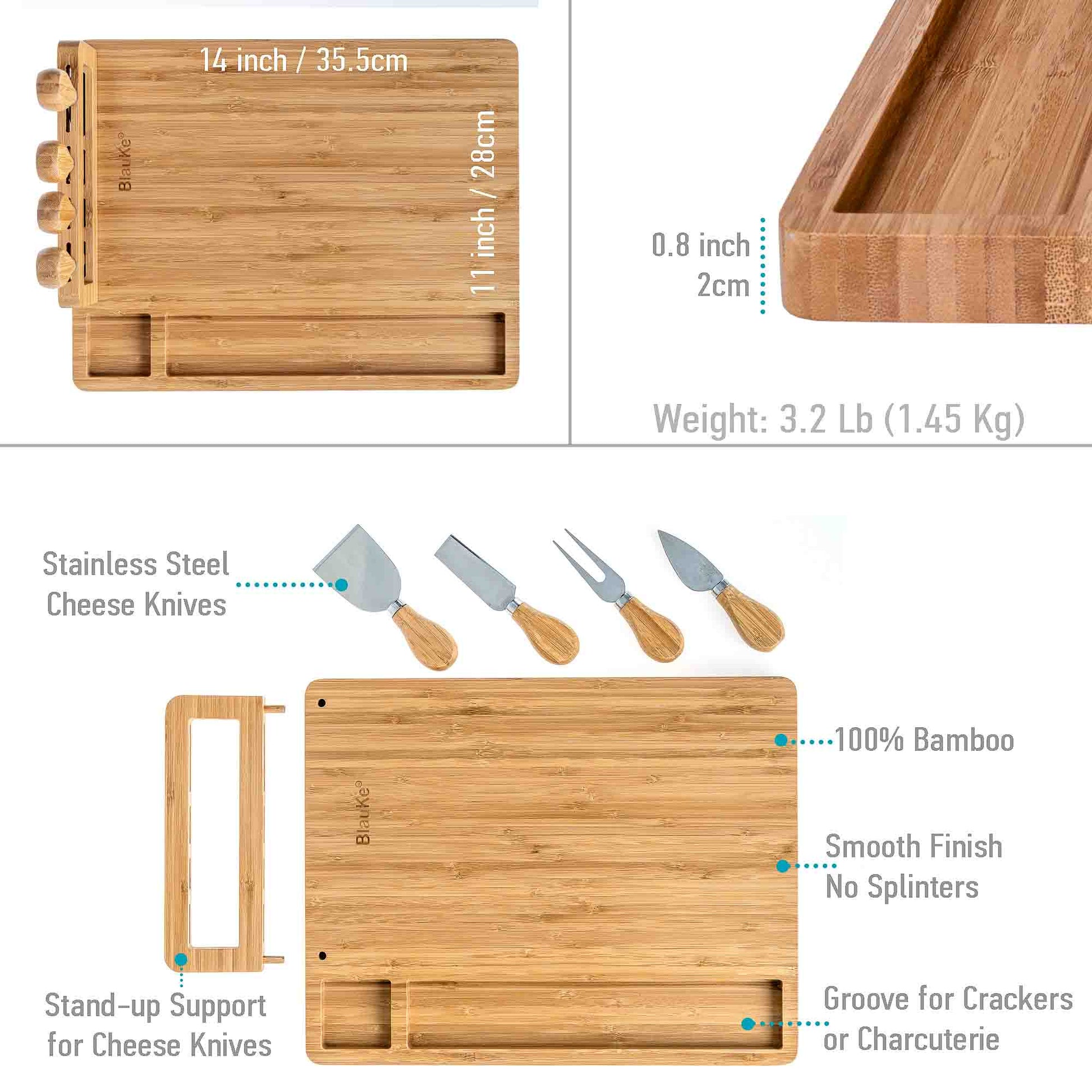 Premium Bamboo Cheese Board & Knife Set – 14" x 11" Charcuterie Serving Tray - Korvel