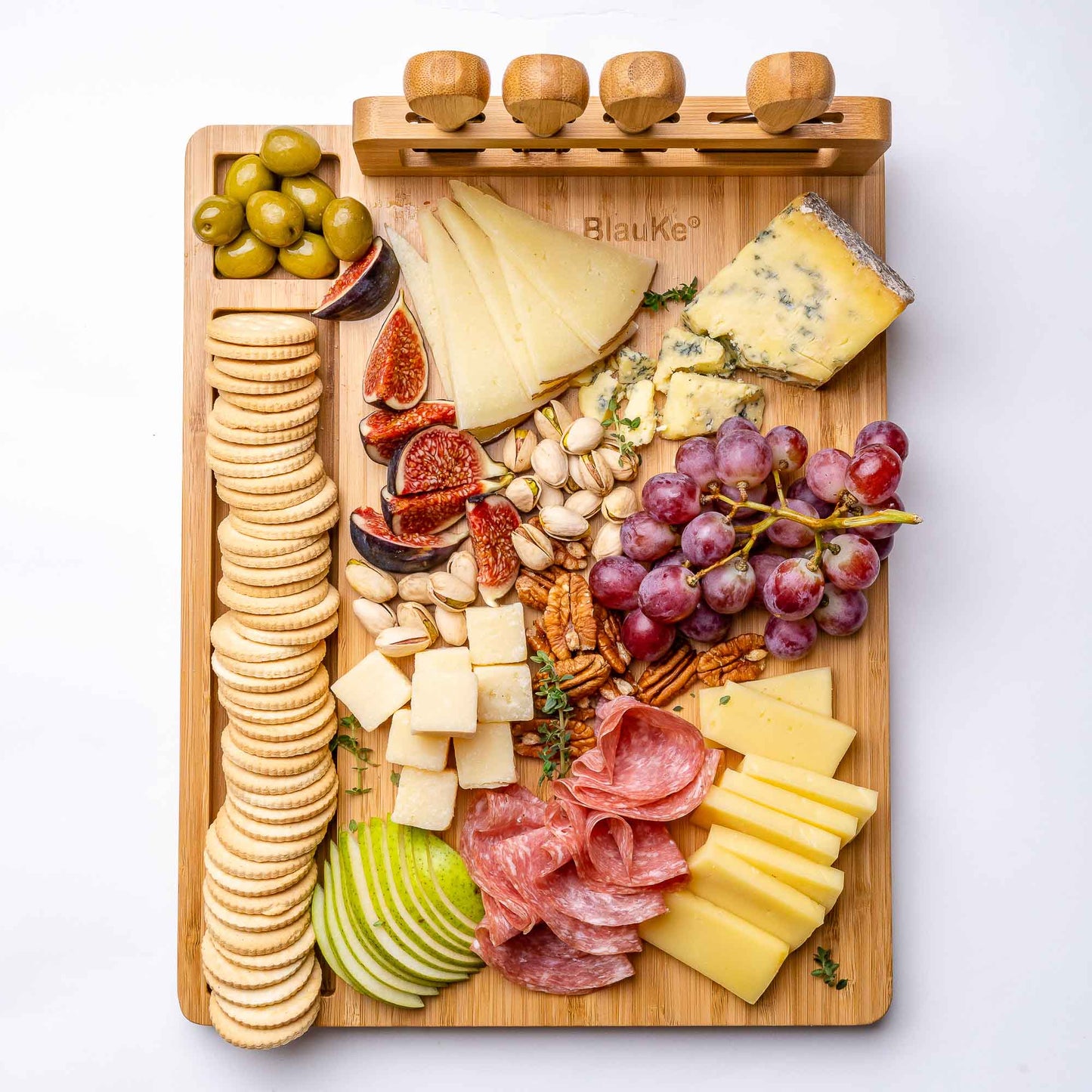 Premium Bamboo Cheese Board & Knife Set – 14" x 11" Charcuterie Serving Tray - Korvel