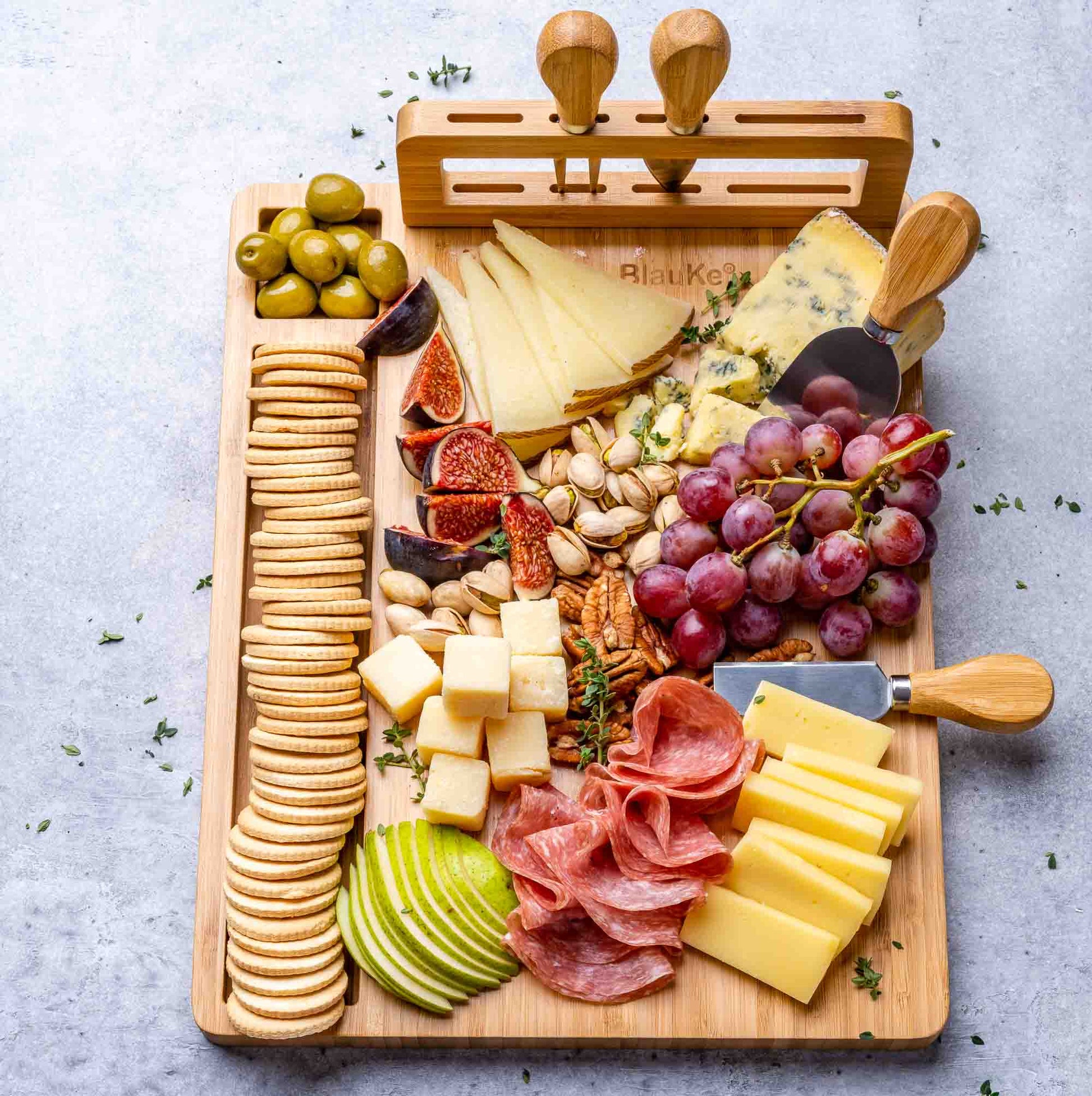 Premium Bamboo Cheese Board & Knife Set – 14" x 11" Charcuterie Serving Tray - Korvel