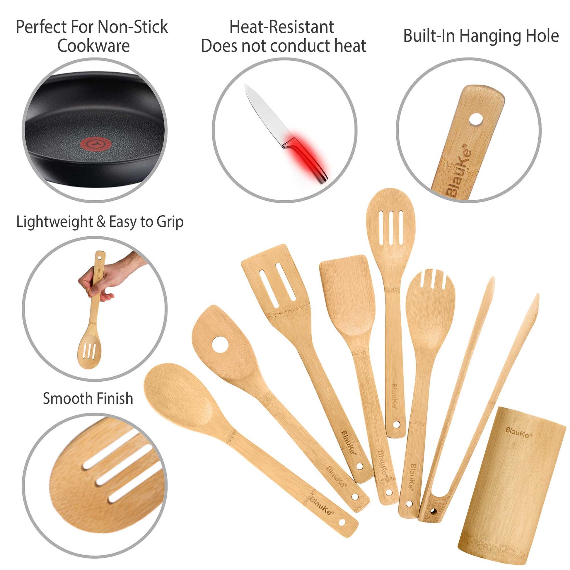 Bamboo Kitchen Utensils Set – 8-Piece Wooden Cooking Tools with Holder - Korvel