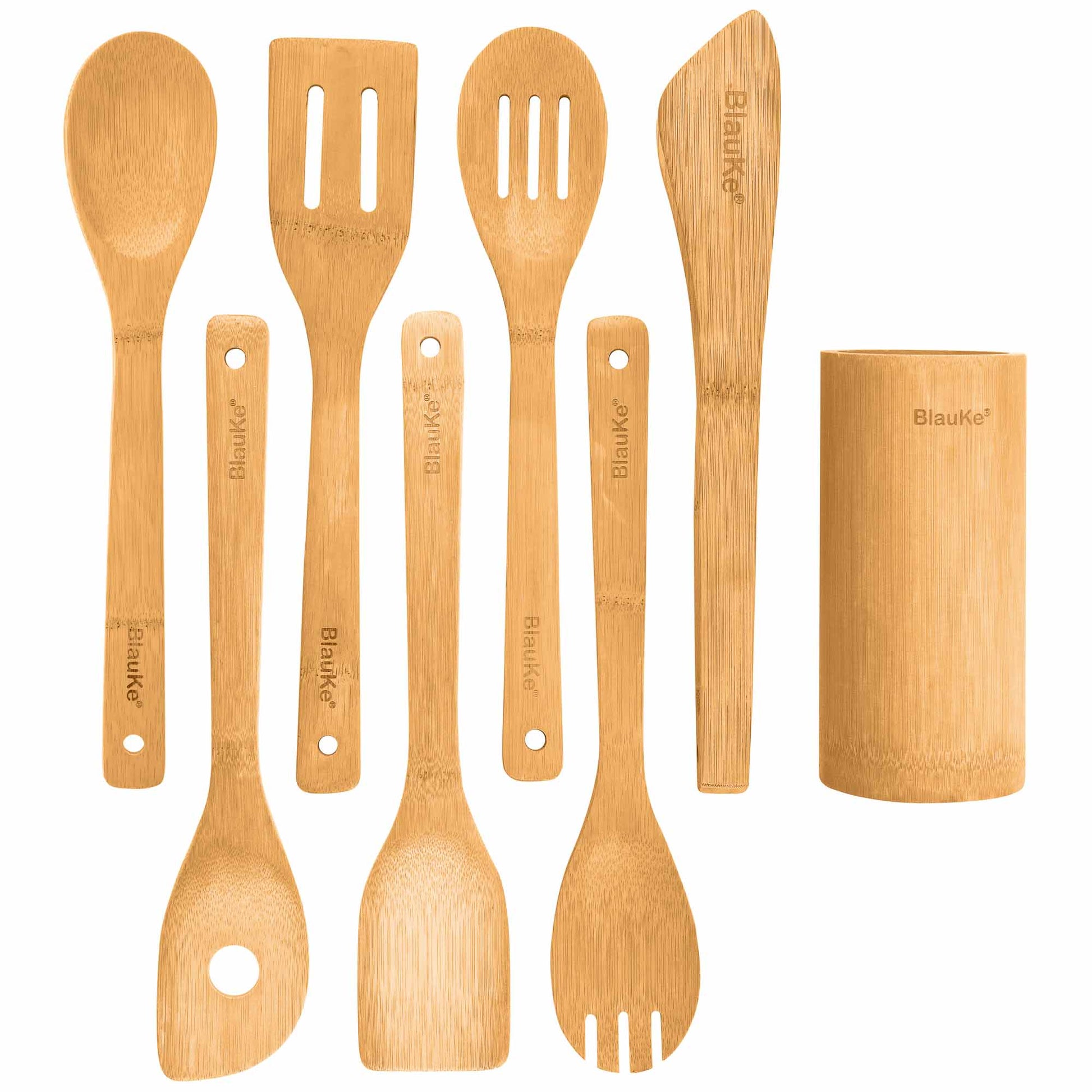 Bamboo Kitchen Utensils Set – 8-Piece Wooden Cooking Tools with Holder - Korvel