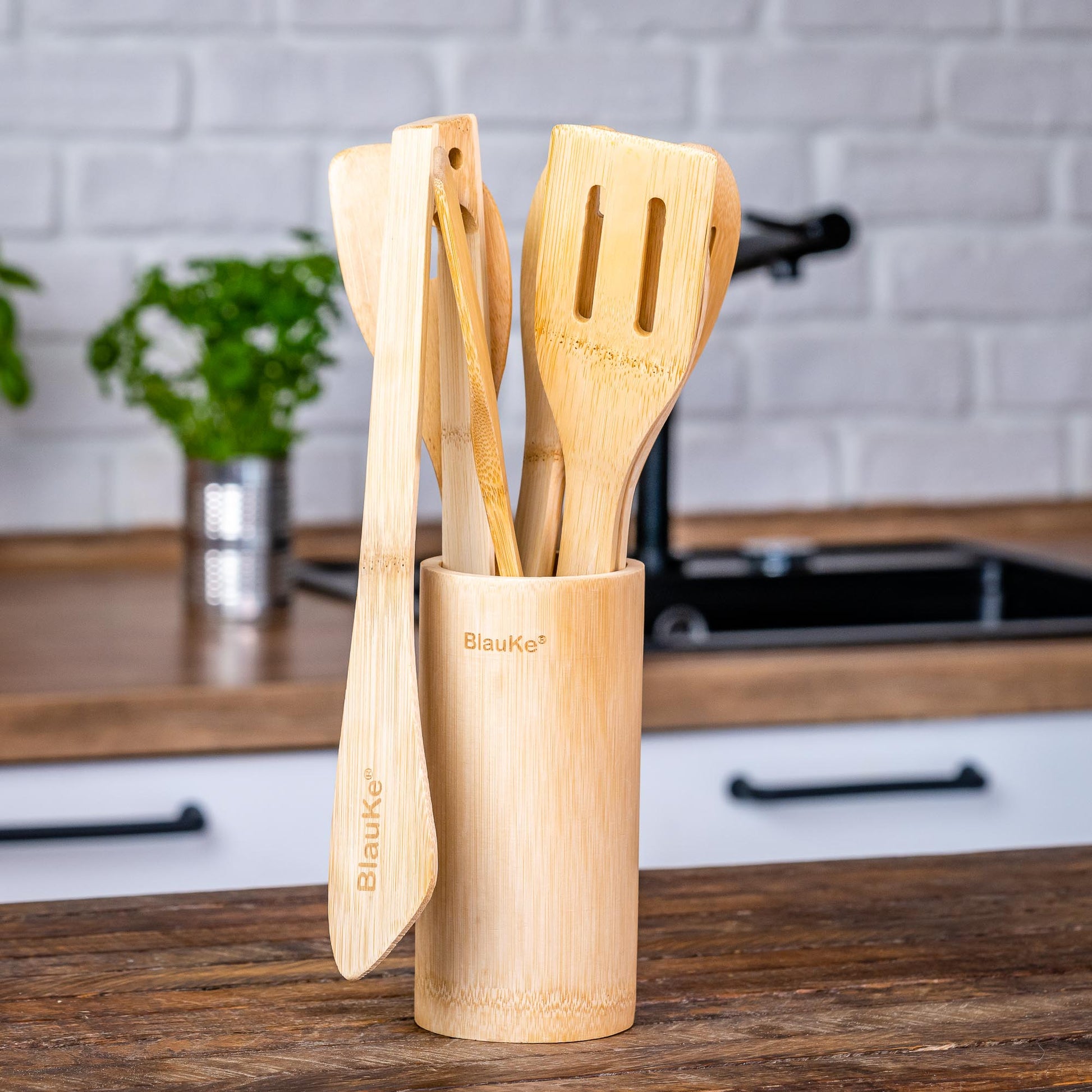 Bamboo Kitchen Utensils Set – 8-Piece Wooden Cooking Tools with Holder - Korvel