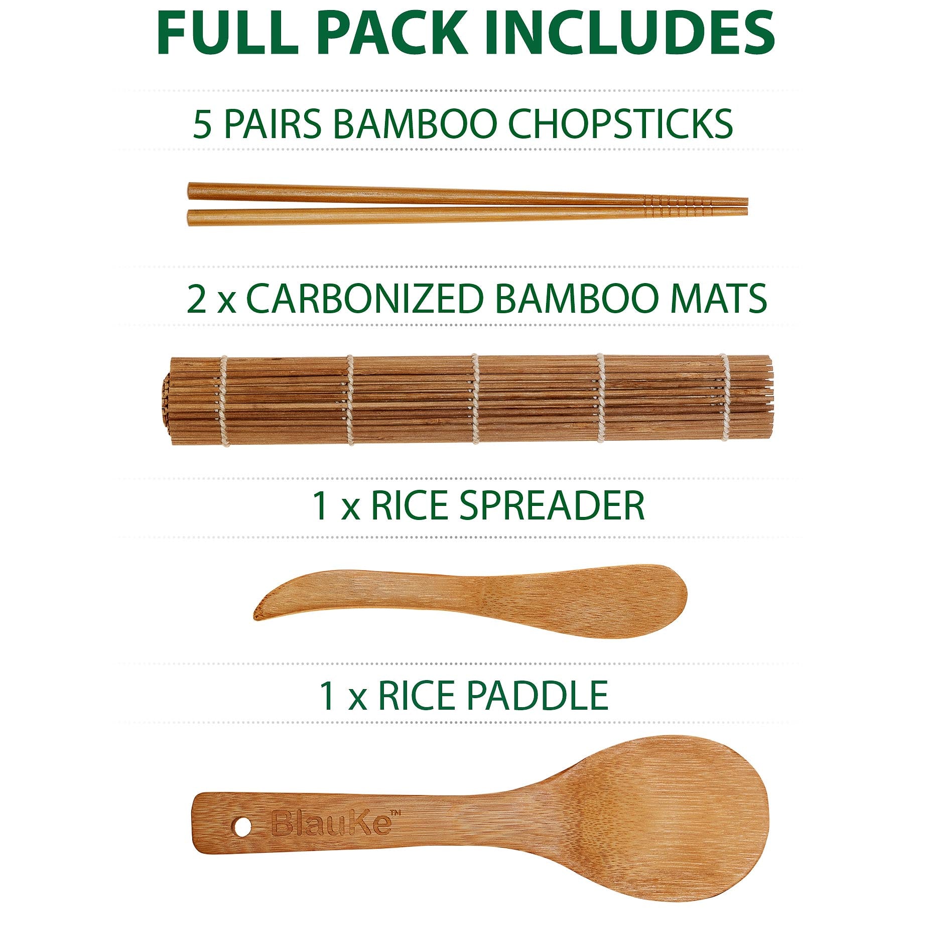 Bamboo Sushi Making Kit – 2 Rolling Mats, Rice Paddle, Spreader & 5 Pairs Chopsticks - Korvel