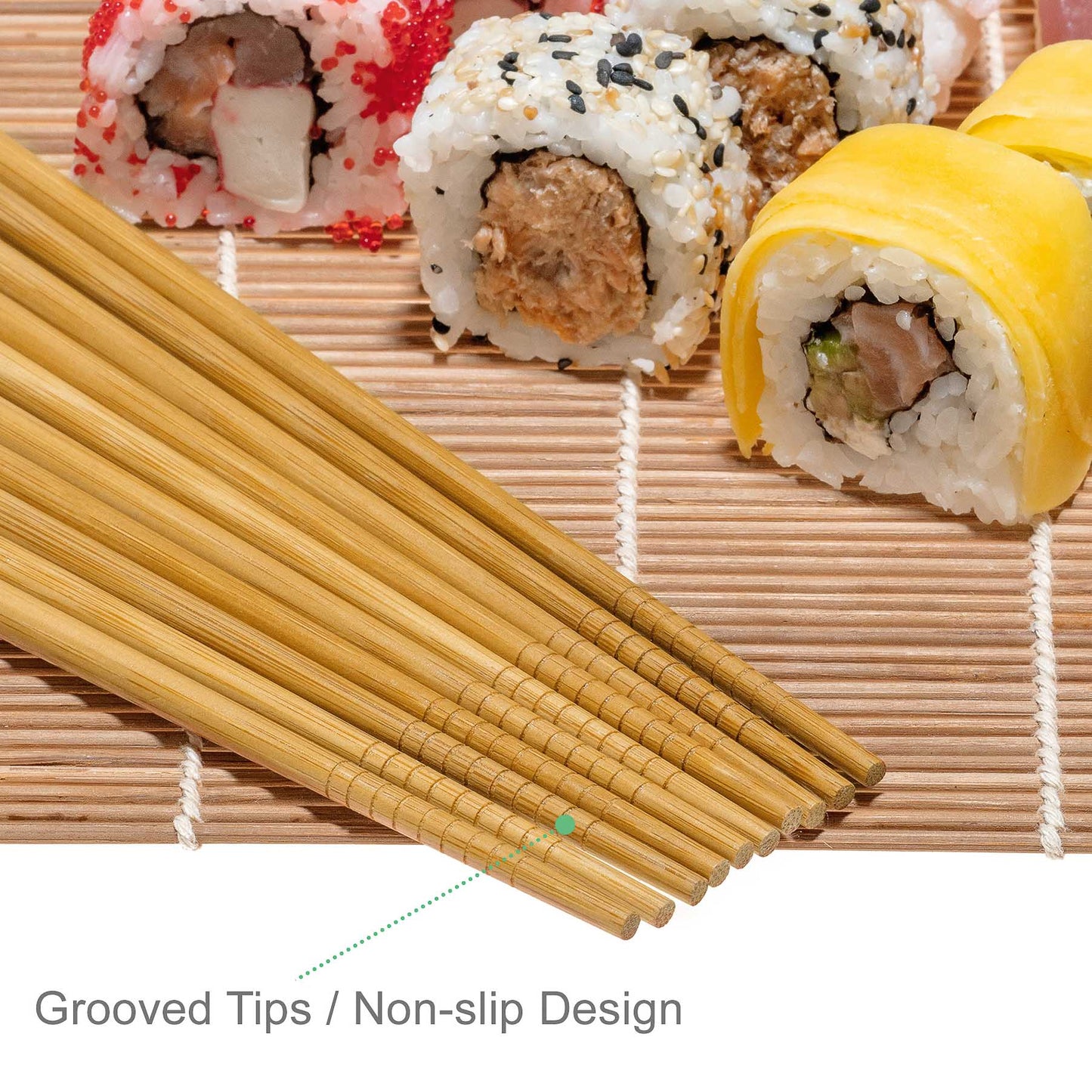 Bamboo Sushi Making Kit – 2 Rolling Mats, Rice Paddle, Spreader & 5 Pairs Chopsticks - Korvel