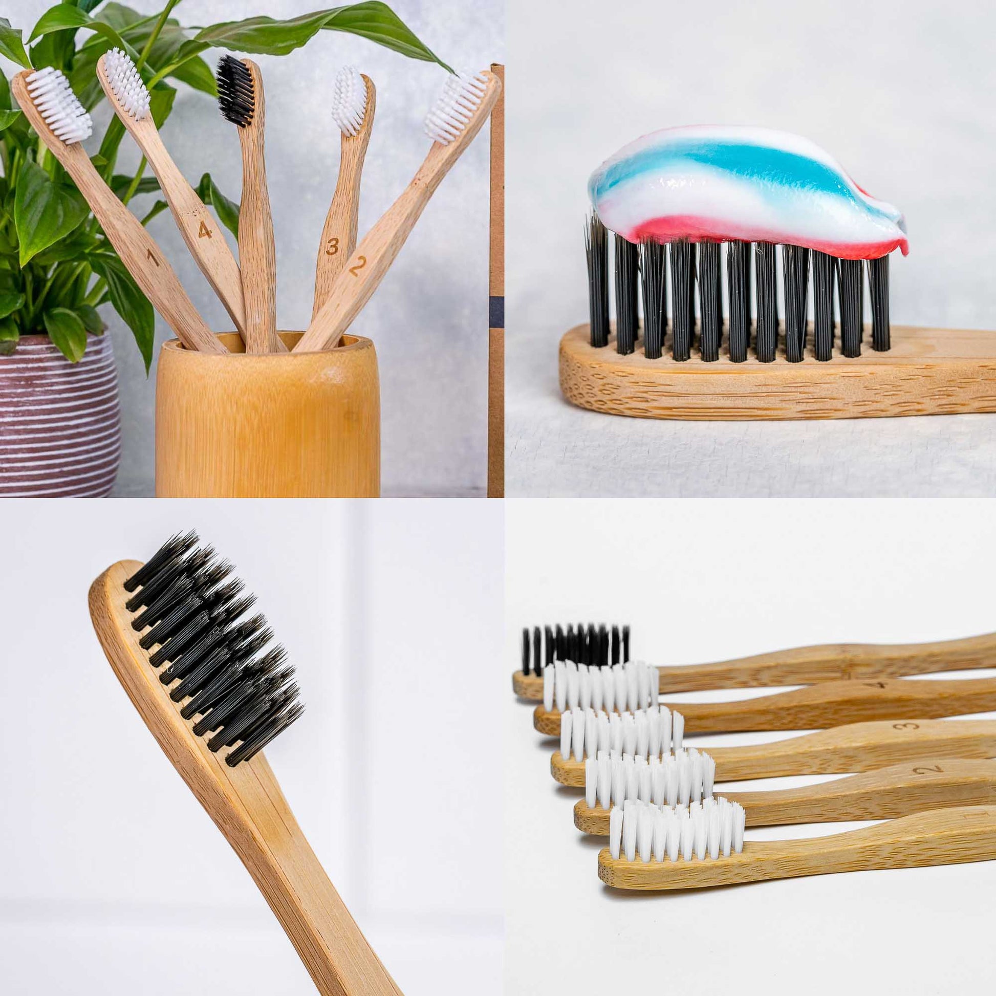 Bamboo Toothbrush Set – 4 Natural & 1 Charcoal | 5-Pack Eco-Friendly - Korvel